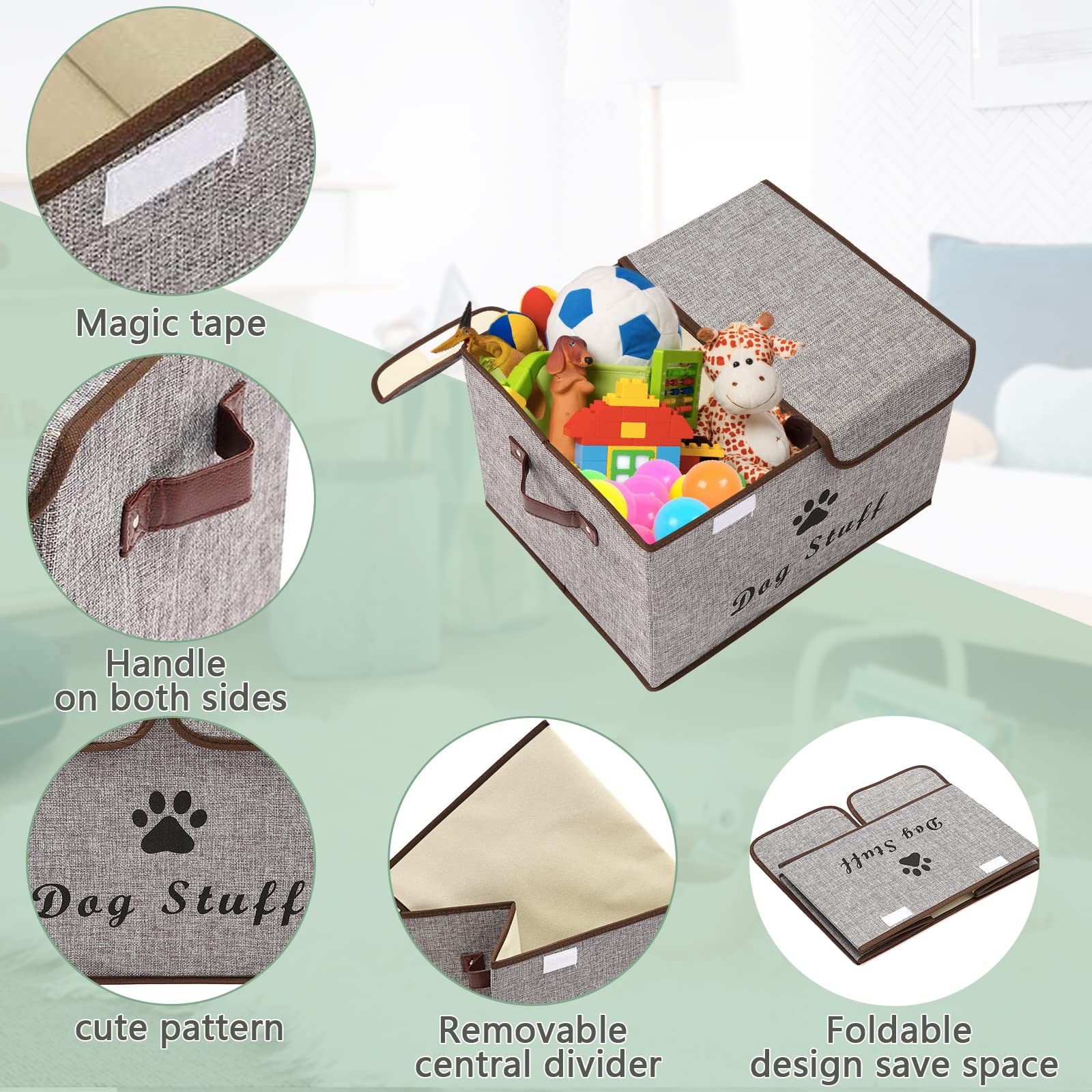 Geyecete Large Storage Boxes - Large Linen Fabric Foldable Storage Cubes Bin Box Containers with Lid and Handles for Dog Apparel
