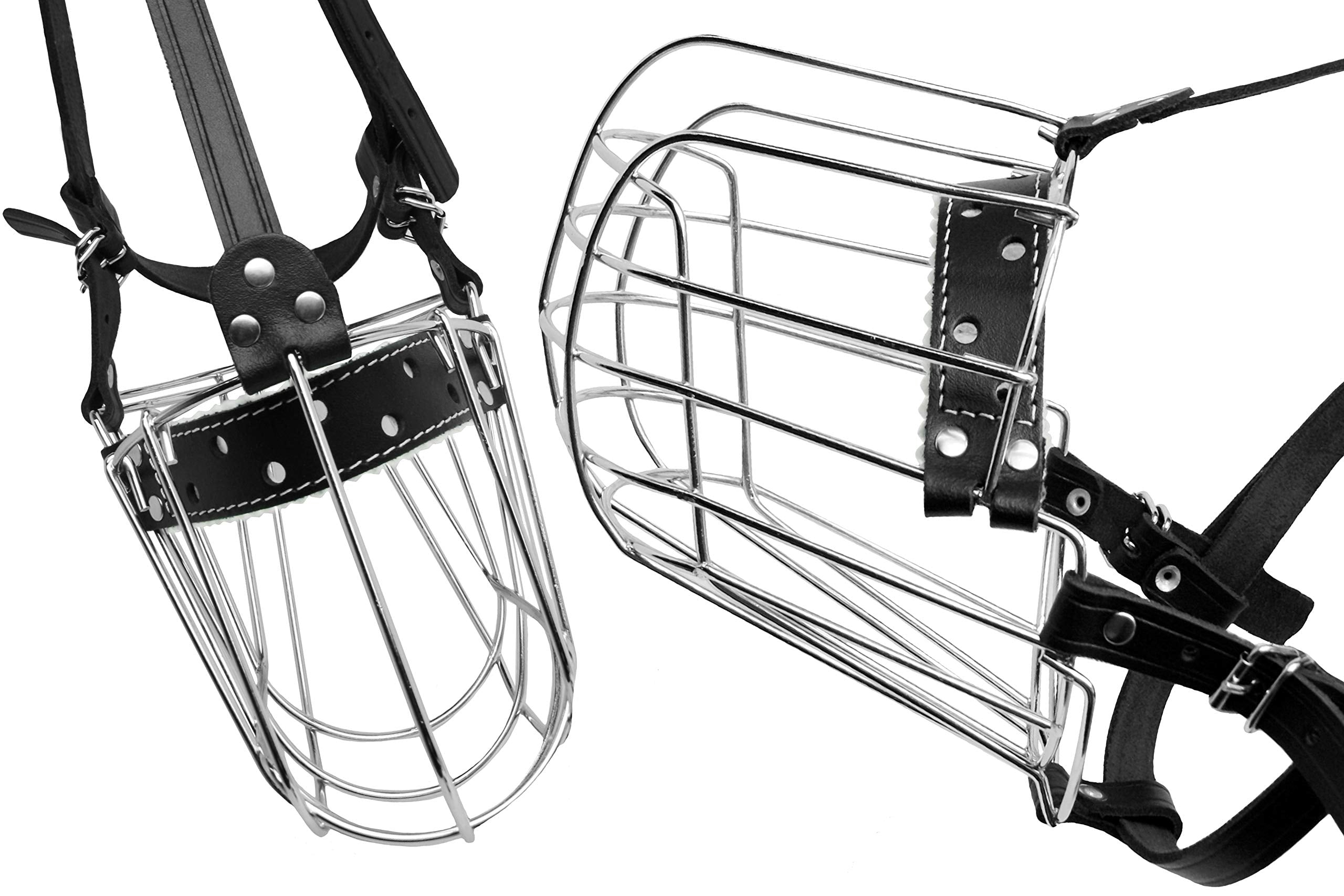 Dog Chrome Metal Muzzles Wire Basket Adjustable Leather Straps (?5+) Circumference Is 12.2-13 In, Length Is 4.7-5.1 In