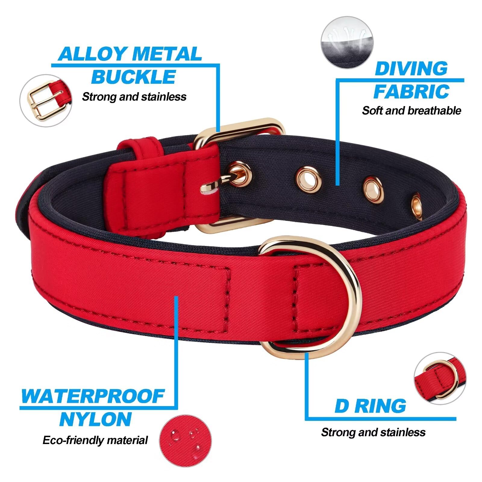 Didog Soft Padded Dog Collars For Small Dogs, Lightweight And Breathable Dog Collar Waterproof With Metal Buckle For Puppy, Red,