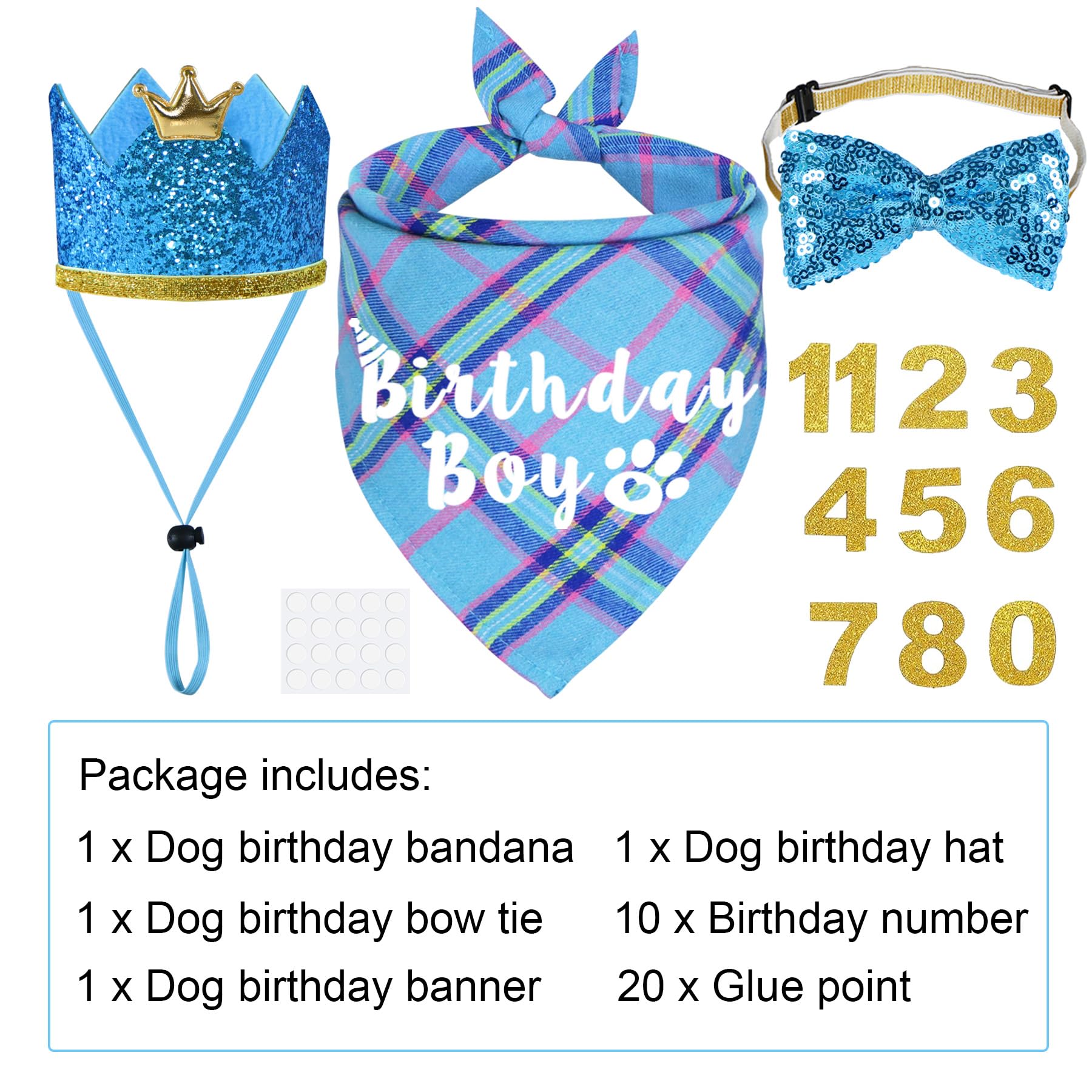 JOTFA Dog Birthday Party Supplies, Multi Sizes Dog Birthday Bandana Boy Dog Birthday Hat Crown with Birthday Numbers Bow Tie for
