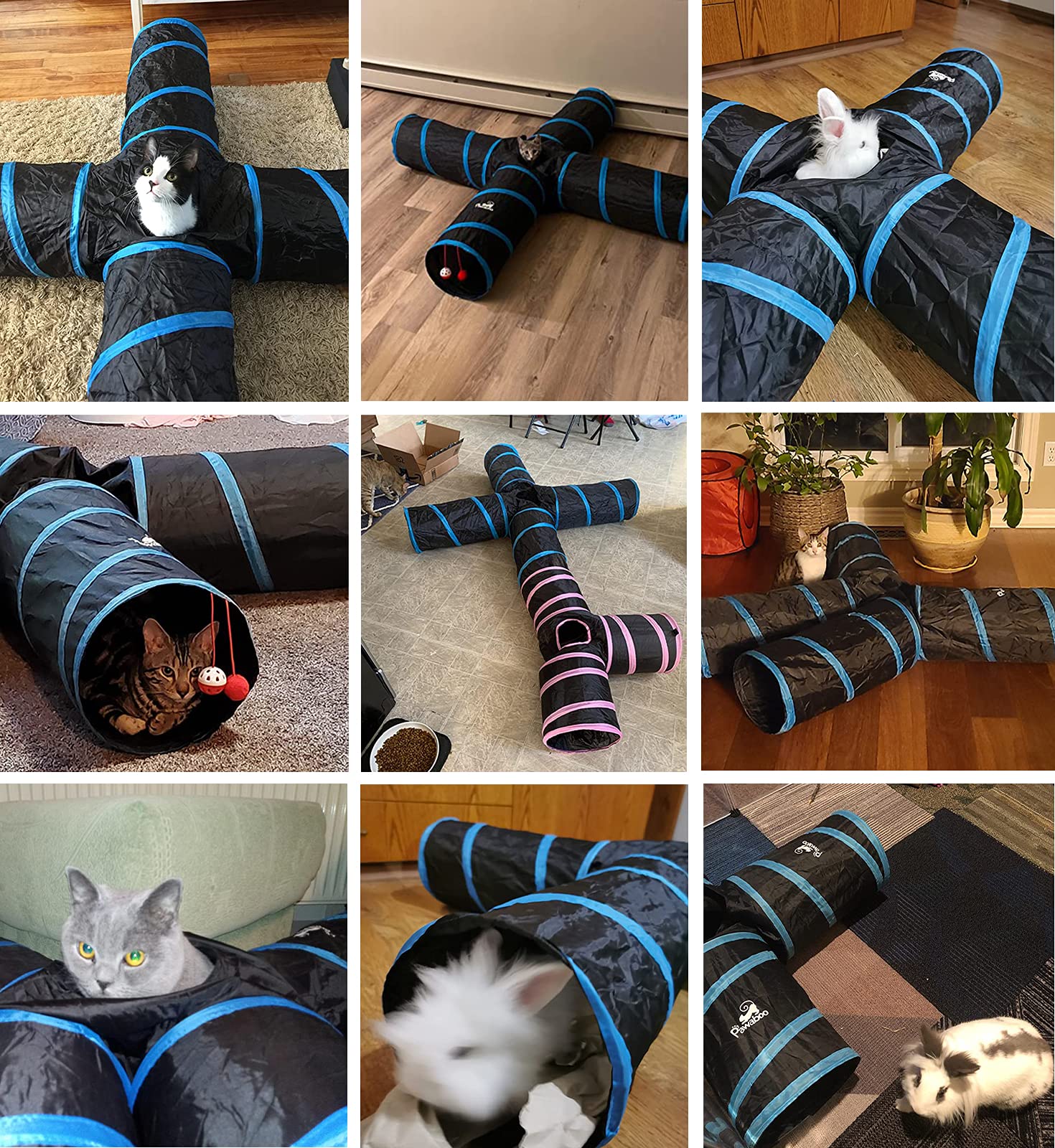 Pawaboo Cat Toys, Cat Tunnel Tube 4 Way Tunnels 25X53Cm Extensible Collapsible Cat Play Tent Interactive Toy Maze Cat House With Balls And Bells For Cat Kitten Kitty Rabbit Small Animal, Blue