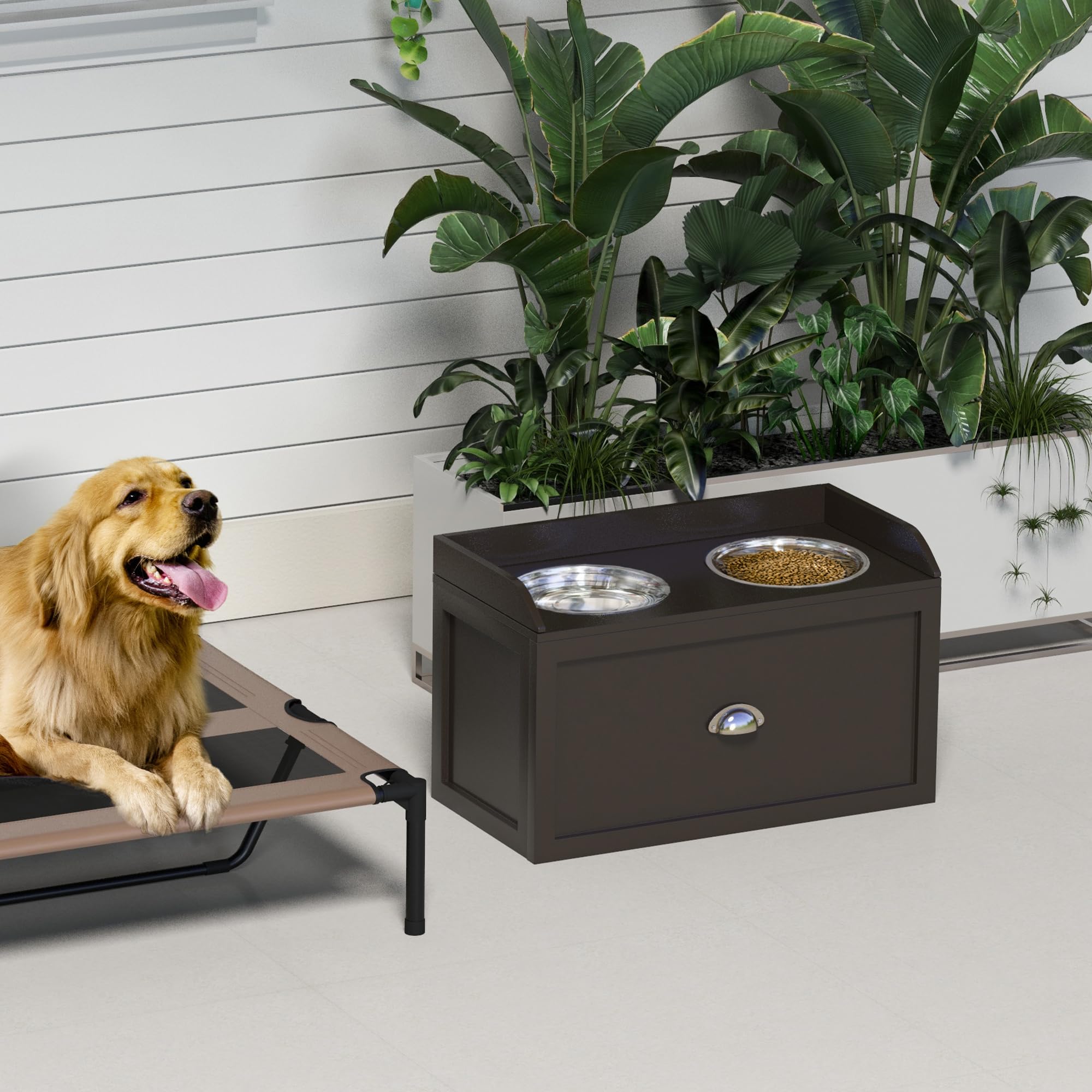 PawHut Dog Feeding Station with Storage Drawer, Dog Food Storage Cabinet with 2 Removable Elevated Dog Bowls for Large Sized Dog