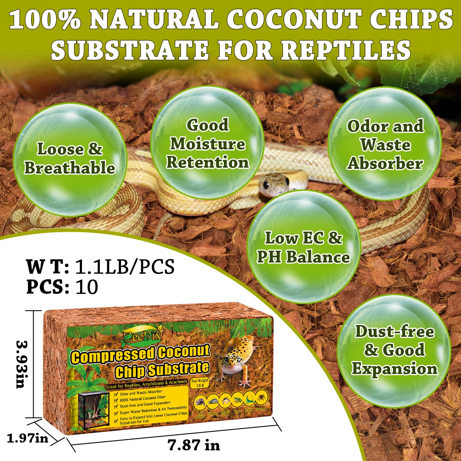 Zeedix 10Pcs Natural Coconut Chips Substrate For Reptiles, Coconut Fiber Husk Reptiles Bedding, Compressed Coco Chips Substrate
