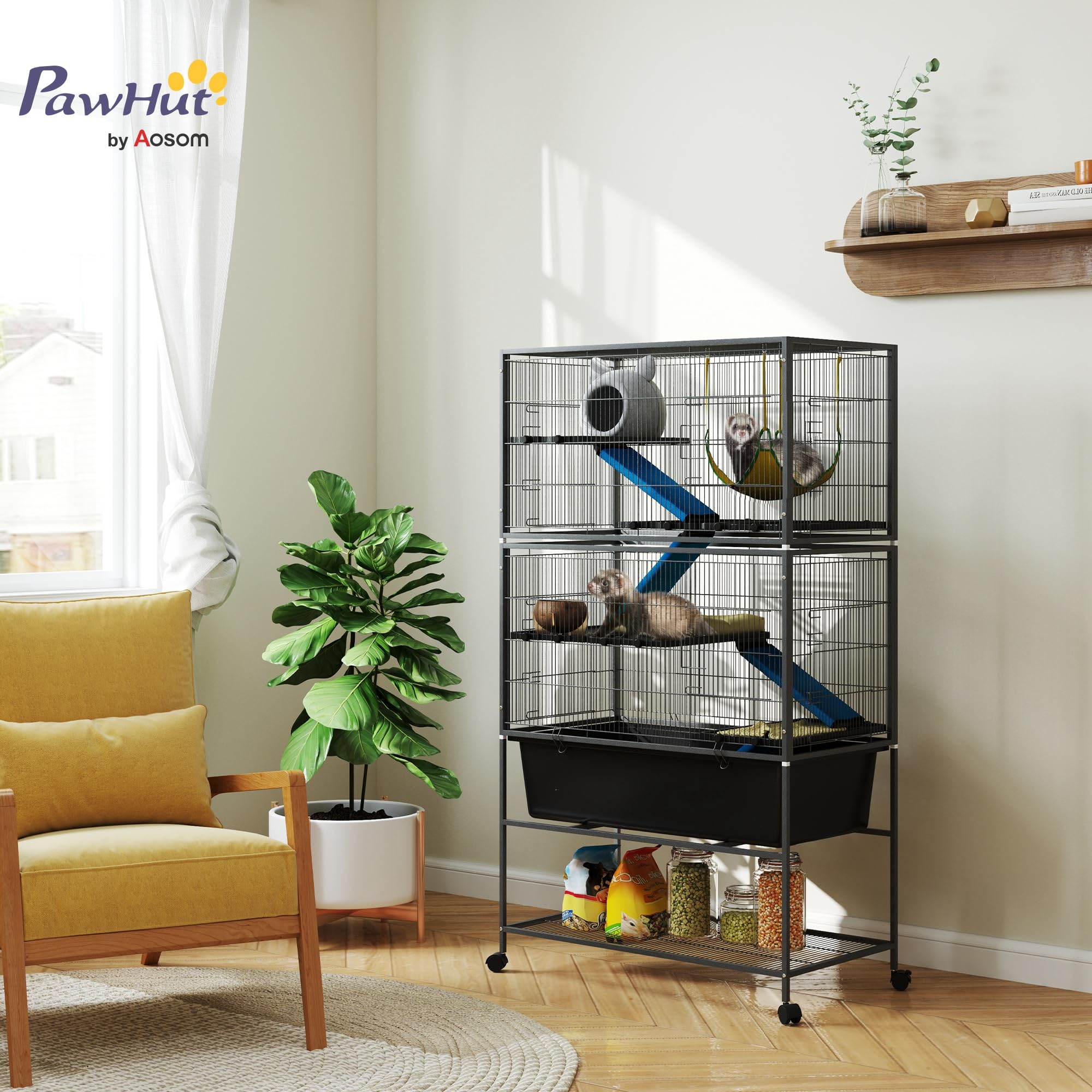 Pawhut 59' 5-Level Small Animal Cage, Rolling Ferret Chinchilla Cage With Slide Out 6.3' Deep Tray, Non-Slip Cloth Covered Ram