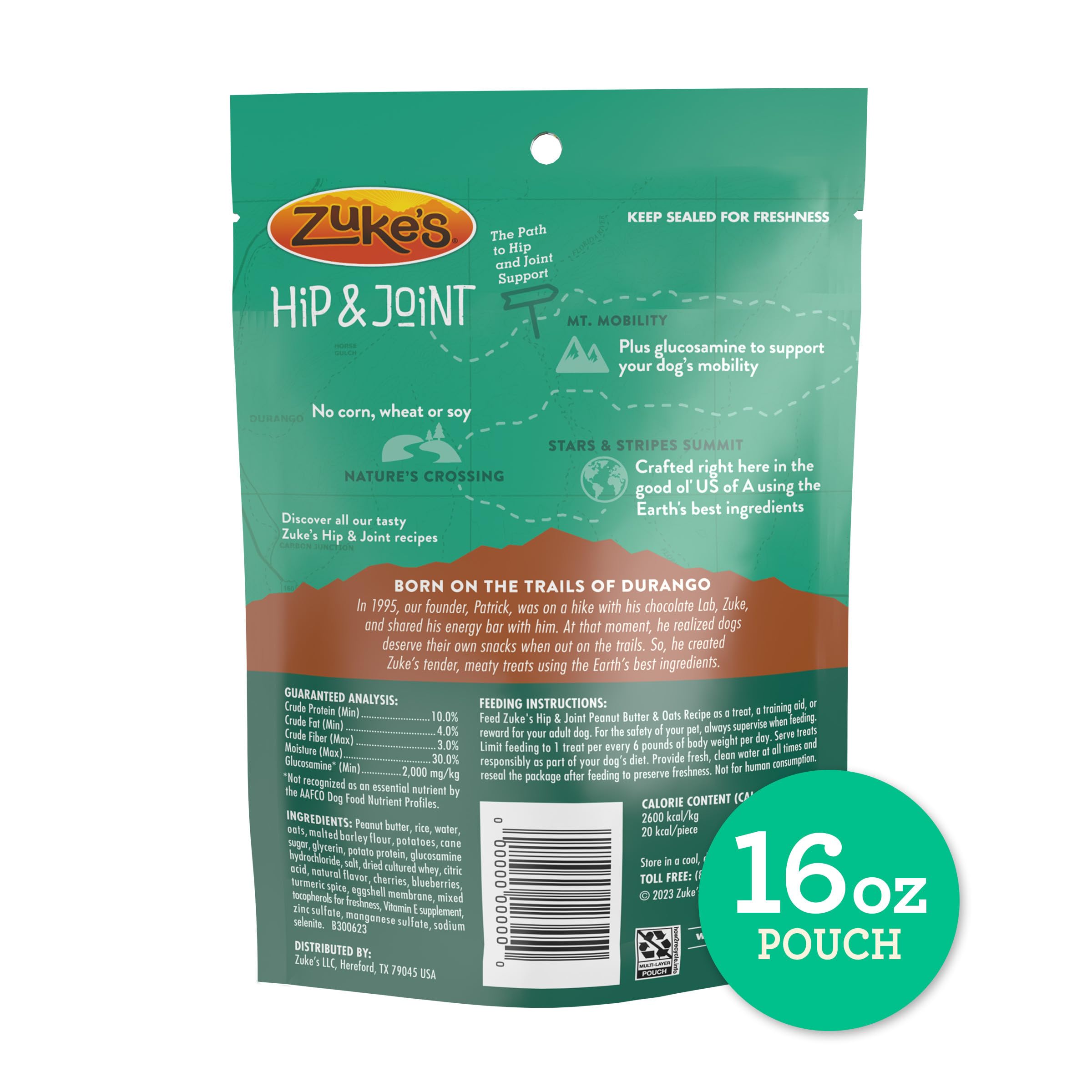 Zukes Hip and Joint Support Dog Treats for Adult Dogs, Senior Dog Treats Made with Real Peanut Butter and Oats, 16 oz. Resealab