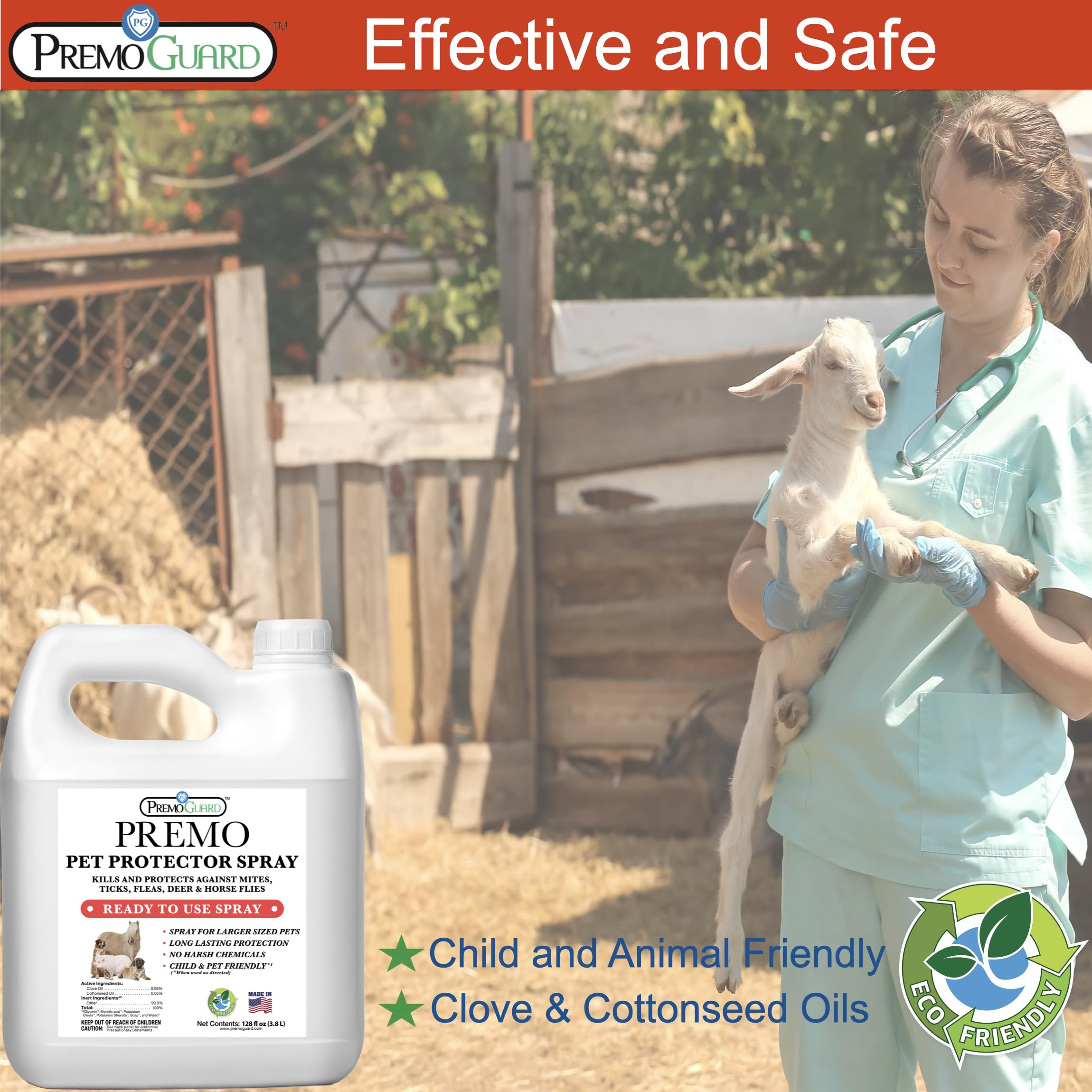 Premo Guard Pet Protector Spray - 128 oz - Kills Mites, Fleas, Ticks, & Mosquitoes - for Dogs, Cats, & Home - Natural Plant Base