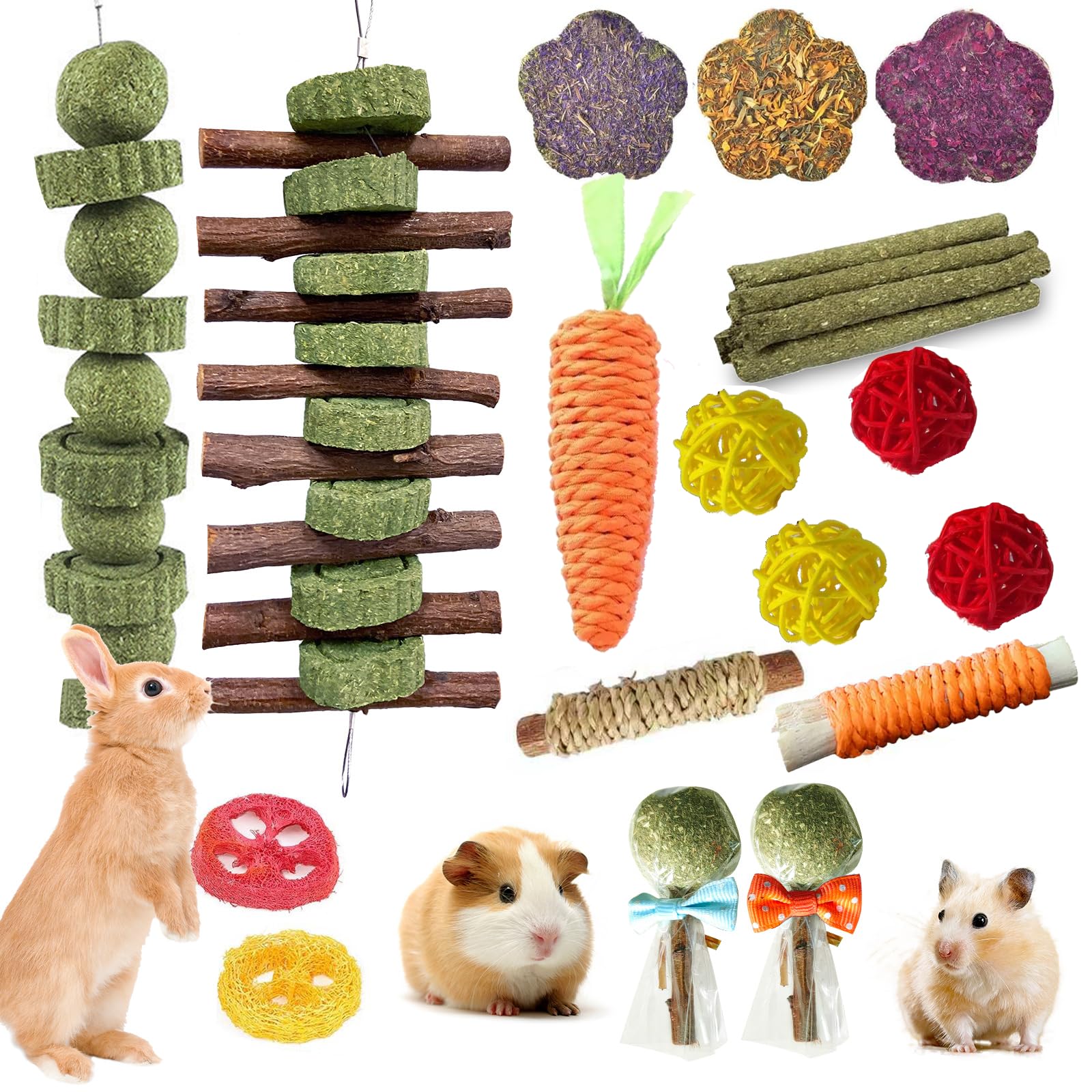 WDEFUN 21PCS Rabbit Chew Toys for Teeth Grinding, Natural Timothy Hay Cakes Treats for Bunny, Organic Apple Wood Sticks Toy Set 