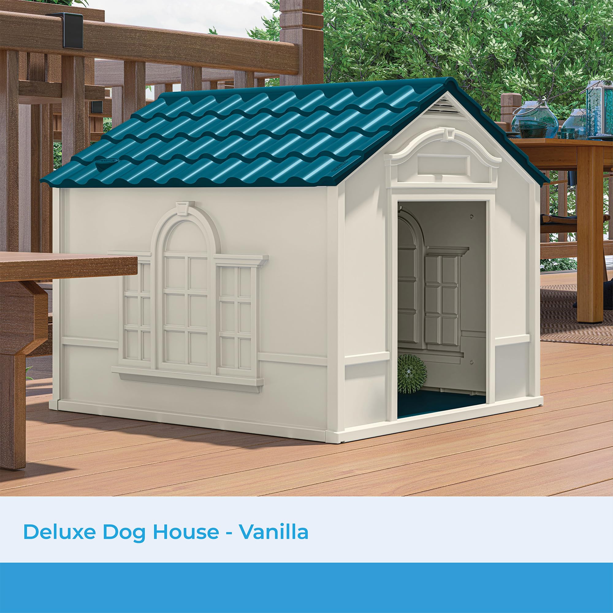 Suncast Deluxe Dog House For Dogs Up To 100 Pounds With Removable Roof, Vents, Crowned Channeled Floor, And Personalization Labels, Taupe/Blue