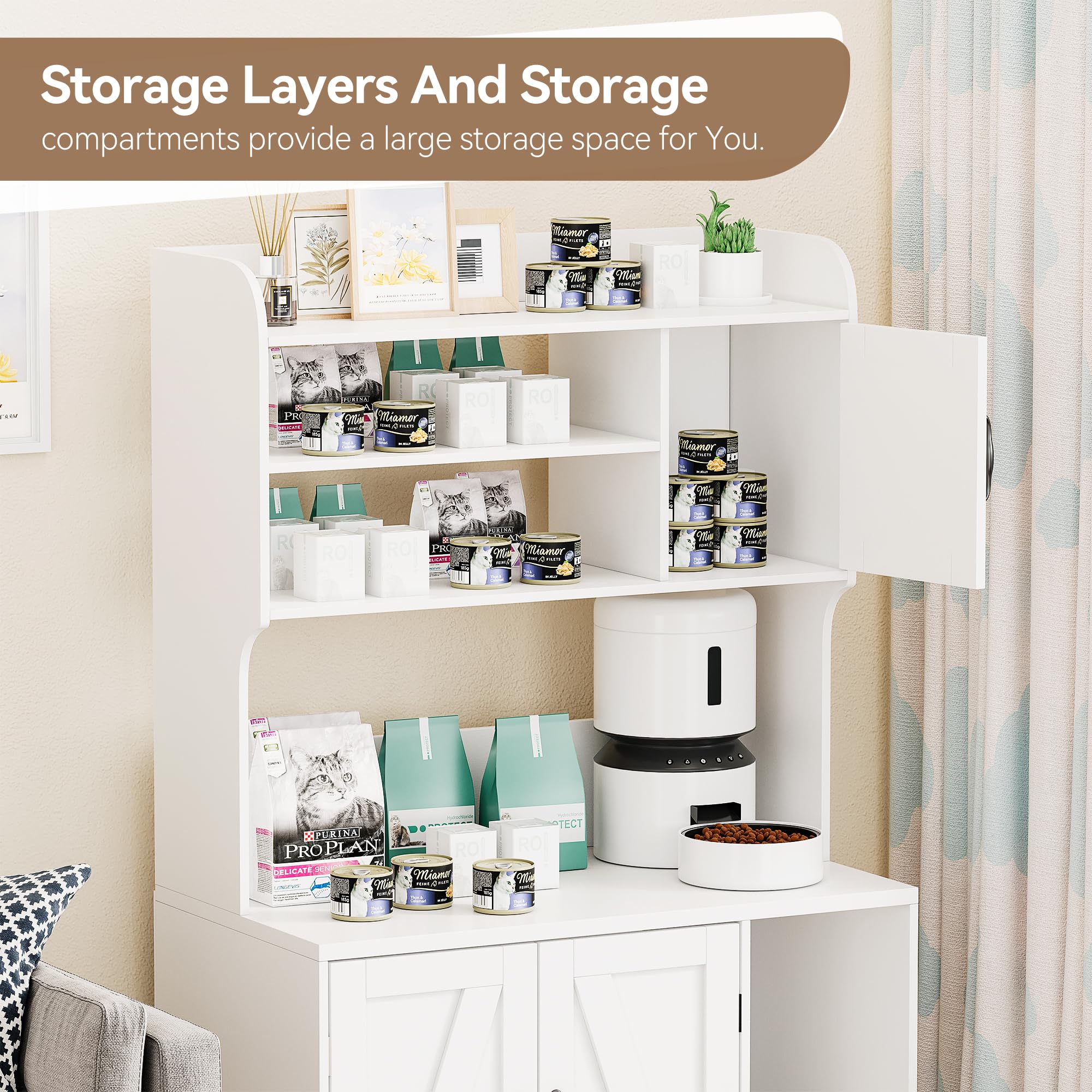 Gocaptain Cat Litter Box Furniture,Hidden Cat Box Enclosure With Shelf Storage,Cat Litter Box Enclosure, Wood Sturdy Cat Washroom Storage, Indoor Cat House Furniture, White