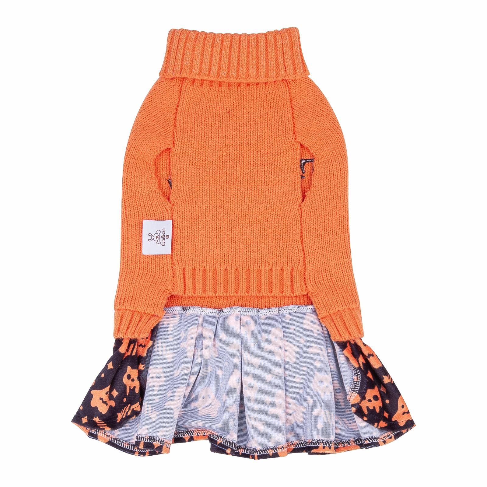 Cutebone Halloween Dog Sweater Dress Trick Or Treat Knit Turtleneck Puppy Sweater With Bowtie Harness Hole Pullover Winter Dress