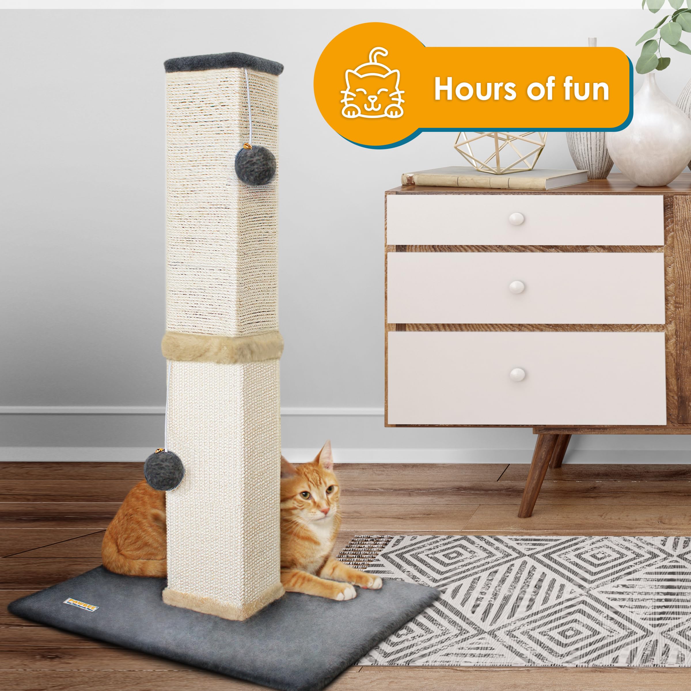 Pawbee Cat Scratch Post Tower - 32” Tall Cat Scratching Post With Jingle Bells And Plush Balls - Sisal Cat Scratcher With Larger Base For Better Stability - Cat Scratching Posts For Indoor Cats