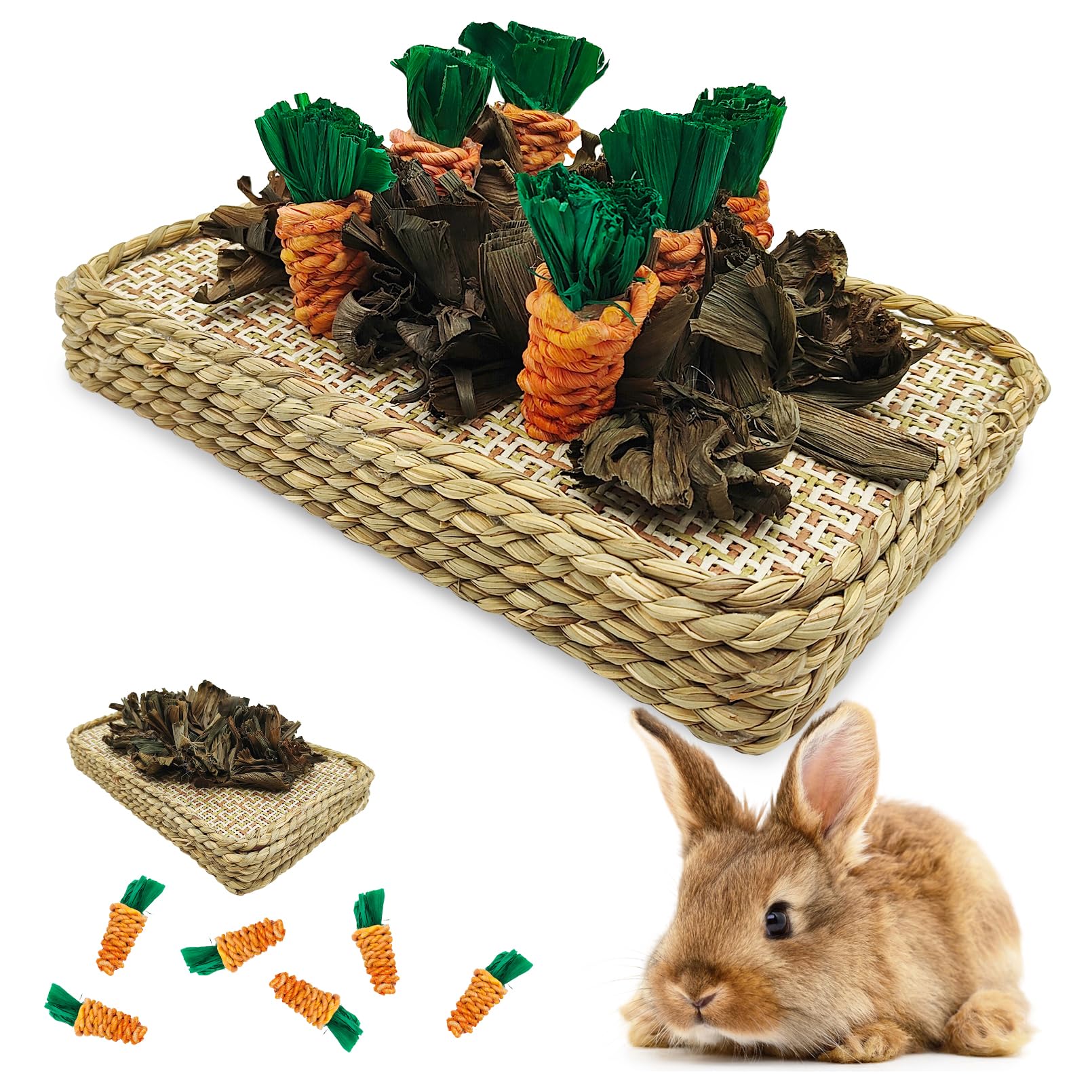 Hamiledyi Pet Fun Bunny Chew Toy Rattan Grass Scratcher Rabbit Enrichment Climbing Play Carrot Digging Toys for Bunnies Rabbits 