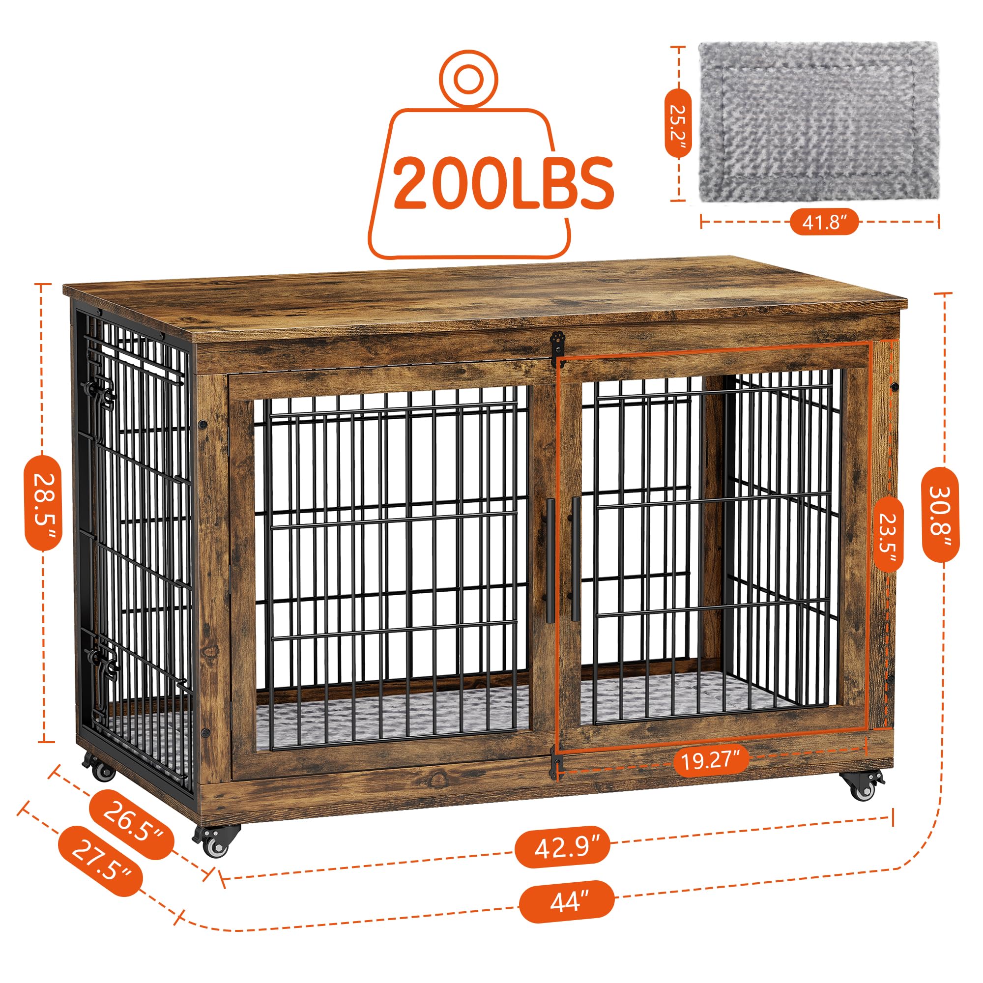 Lulive XL Wooden Dog Crate Furniture, 44'' Heavy Duty Kennel, Brown, Chew-Resistant with Cushion & Wheels