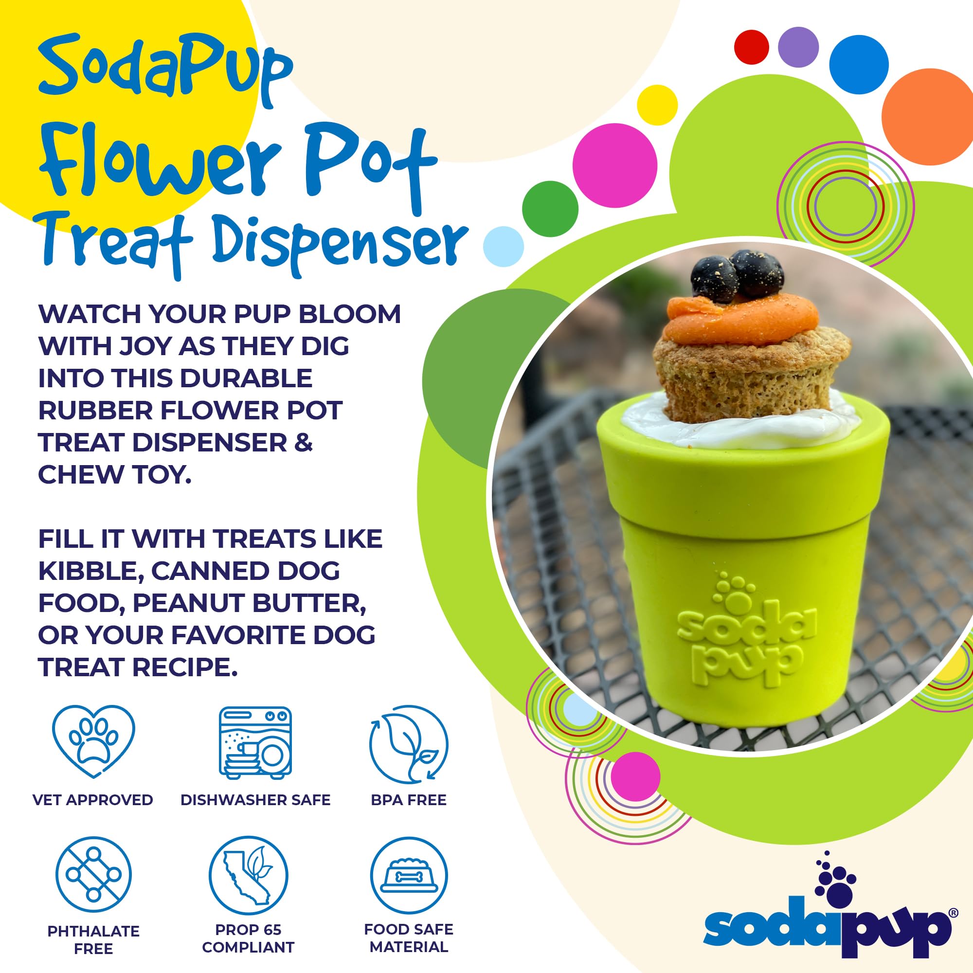 SodaPup Flower Pot - Durable Dog Treat Dispenser & Chew Toy Made in USA from Non-Toxic, Pet Safe, Food Safe Rubber Material for