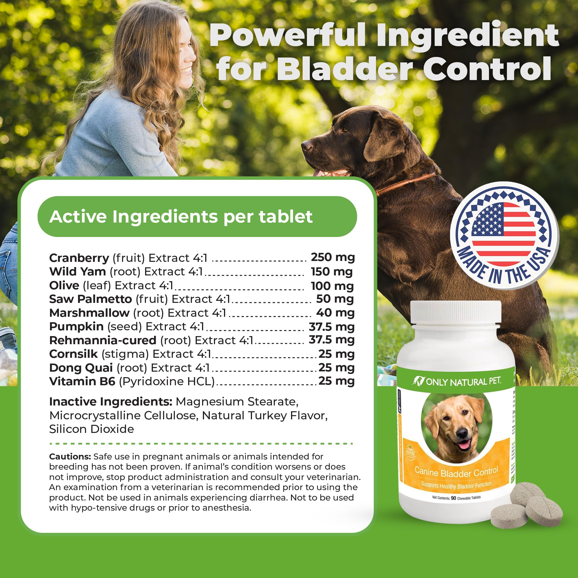 Only Natural Pet Canine Bladder Control Supplement - UTI & Incontinence Support, 90 Chewable Tablets, Natural Turkey Flavor