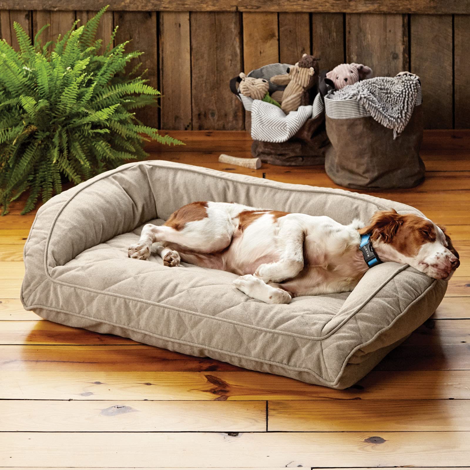 Orvis Comfortfill-Eco Bolster Dog Bed - Plush Rectangular Dog Beds With Three-Sided Bolster For Leaning, Heathered Khaki - Extra