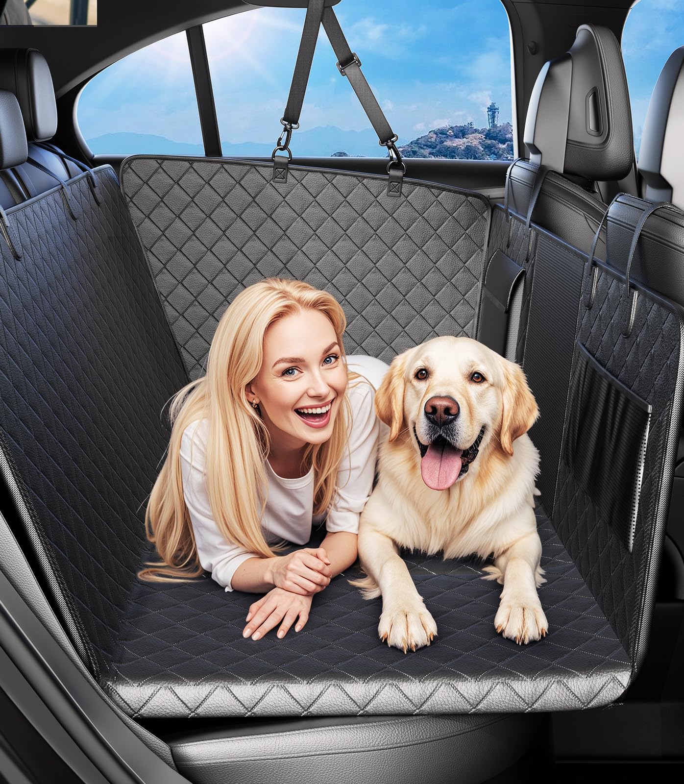 Dog Car Seat Cover For Back Seat, Waterproof Hard Bottom Back Seat Extender For Dogs, Dog Hammock For Car With Support Bar Holds
