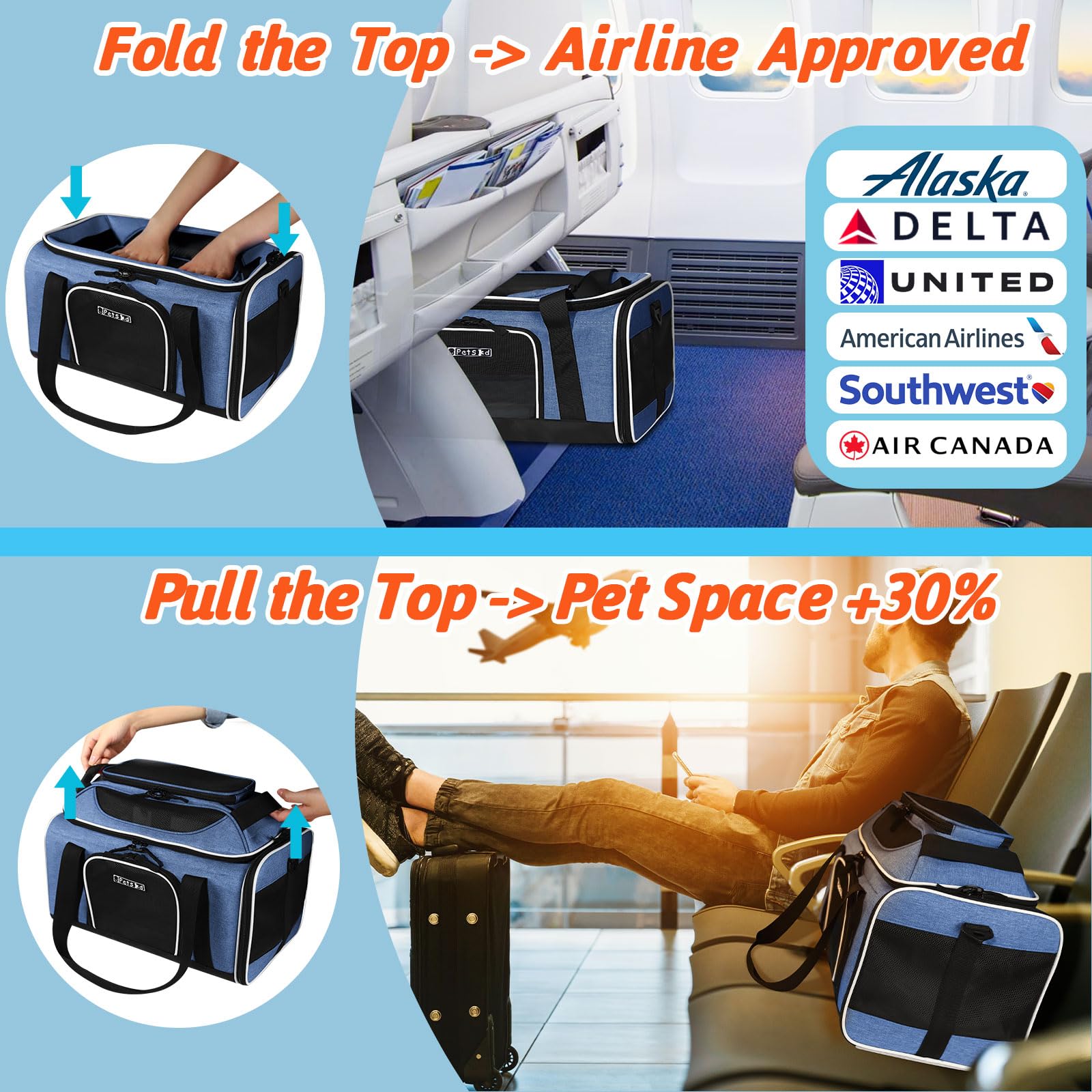 Petskd Top-Expandable Pet Carrier 17X11X9.5 Inches Alaska Airline Approved, Soft-Sided Carrier For Small Cats And Dogs With Lock