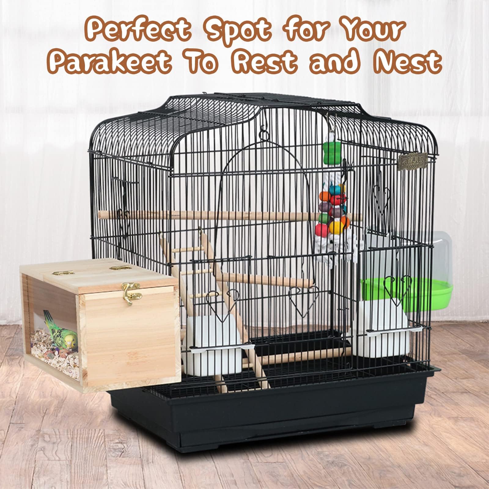 GINDOOR Parakeet Nesting Box Transparent Bird House for Cage Natural Wood Breeding Box for Parrot Parakeet Cockatiel Lovebirds B