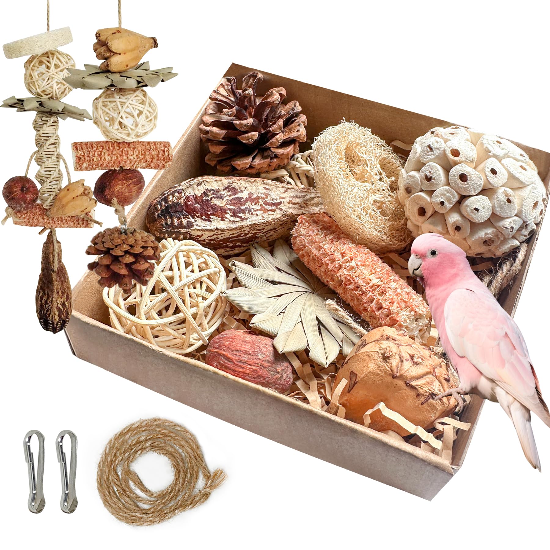 Tyotrbs 2 in 1 Parrot Toys, Parakeet Foraging Box DIY Hanging String with Comes with 2 Hooks Bird Toy for Parakeets,Cockatiels,C
