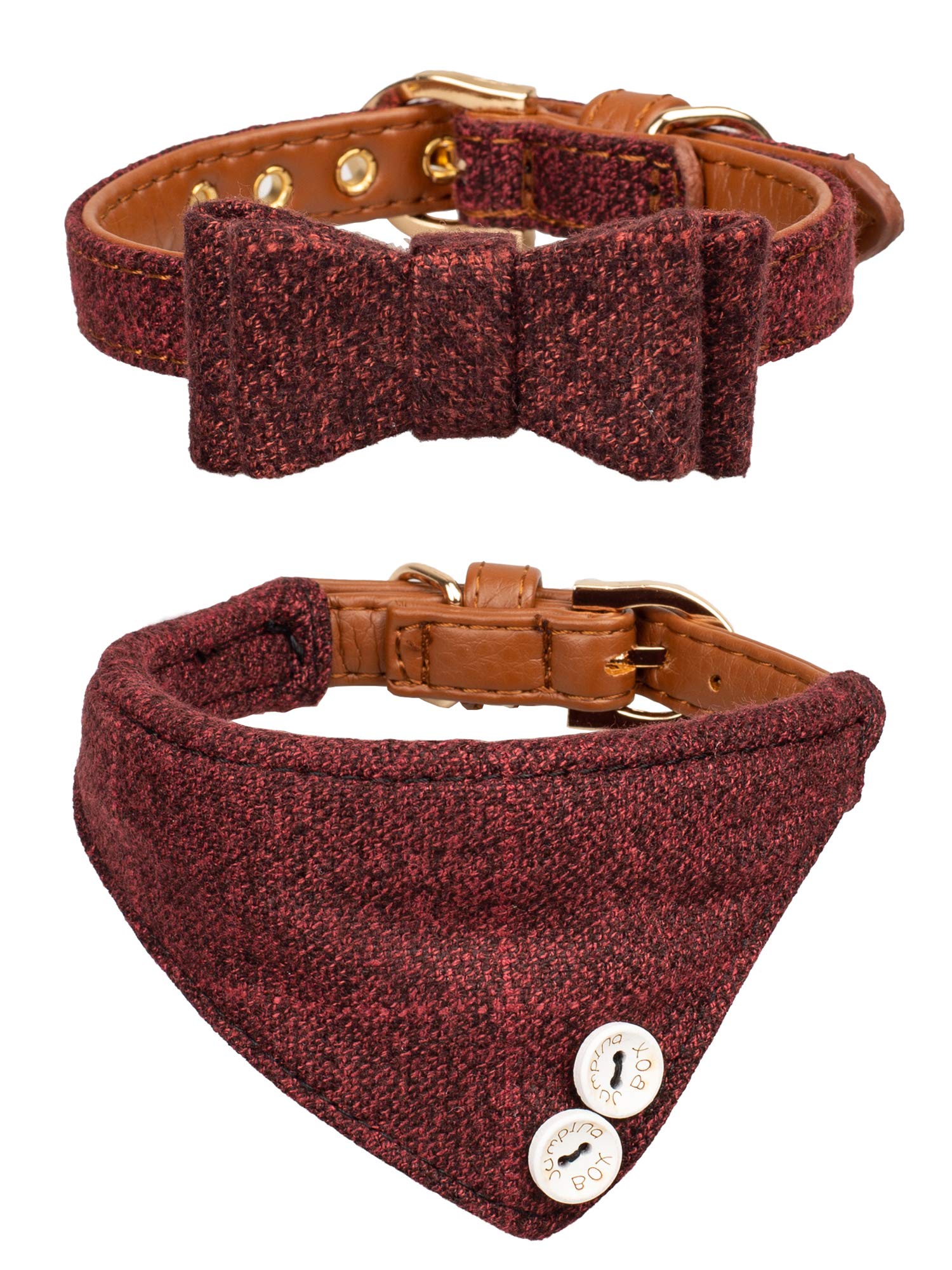 Gyapet Small Dog Collar Puppy Cat Tiny Pet Bow Tie & Bandana 2Pcs Set Pu Leather Canvas Scarf Durable Red Classic