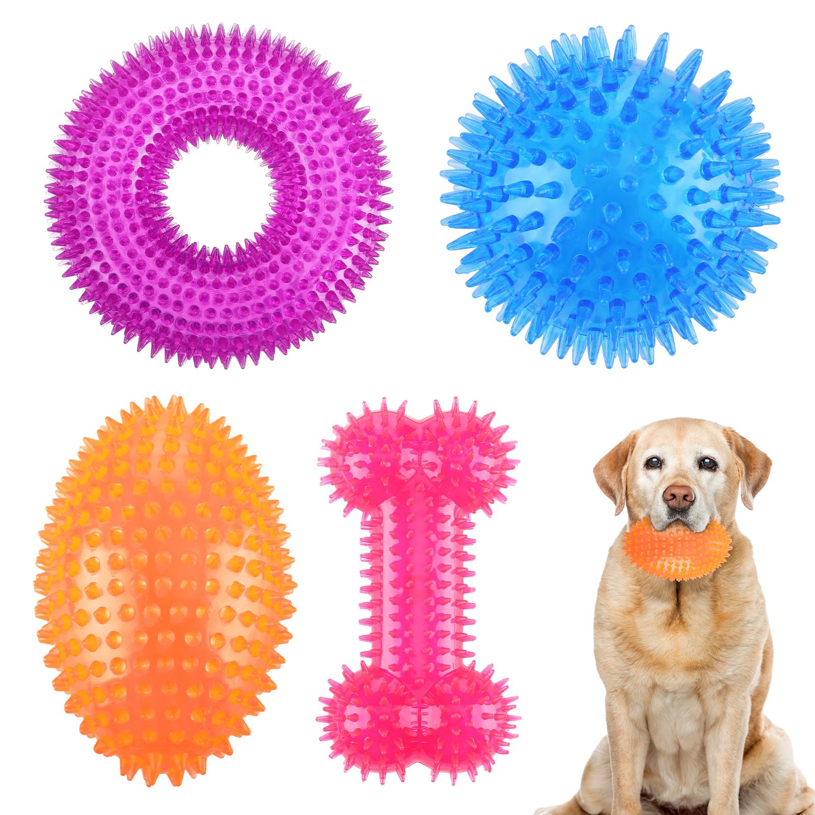 Silipull 4 Pcs Spiky Squeaker Football Dog Toy for Medium Large Dogs Spiky Dog Balls Puppy Chew Toys for Aggressive Chewers Trai