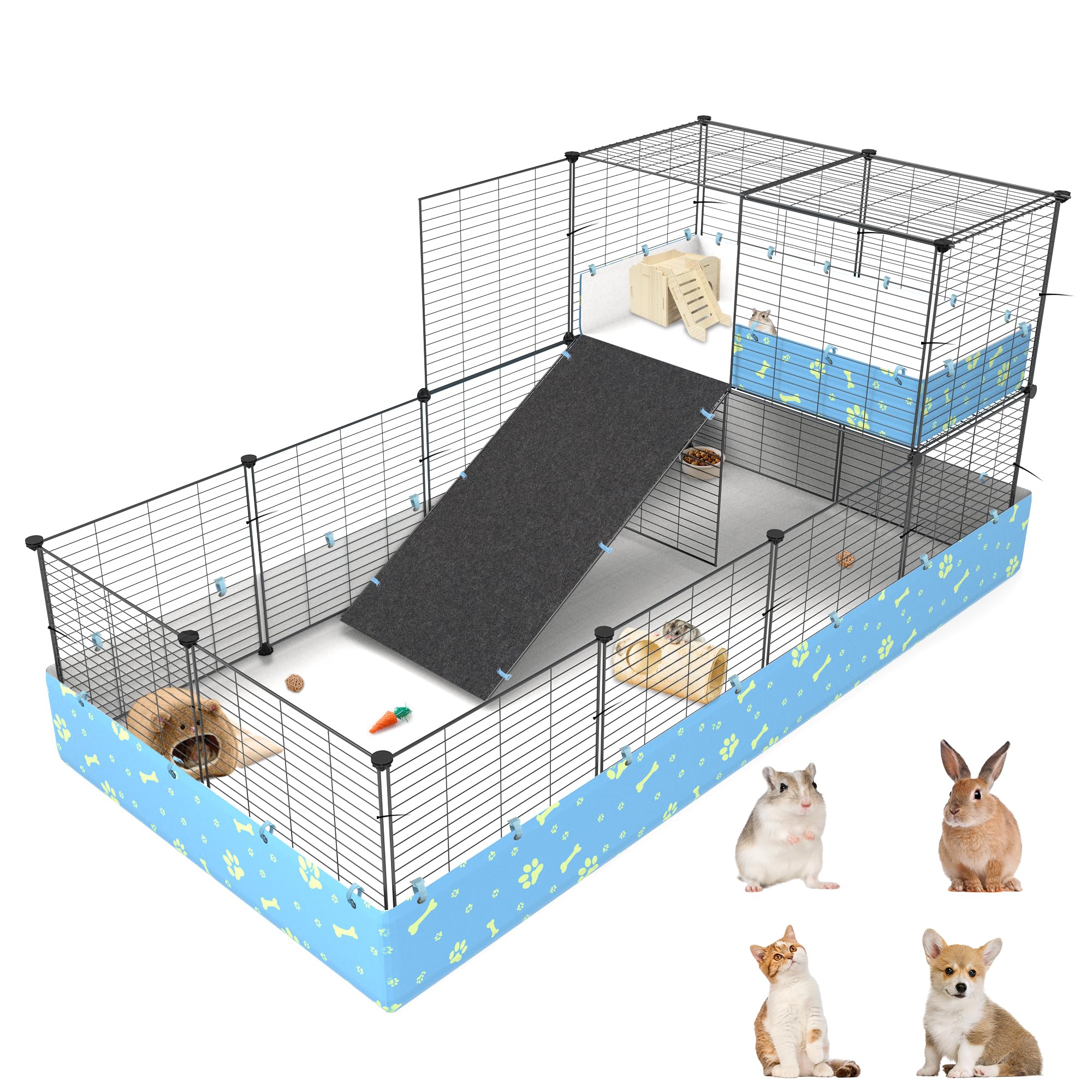 MODESLAB 2-Story Guinea Pig Cages with Tarp, Large C&C Loft Cage for Rabbit Bunny Puppy Small Animal Indoor Dog Playpen Pet Exer