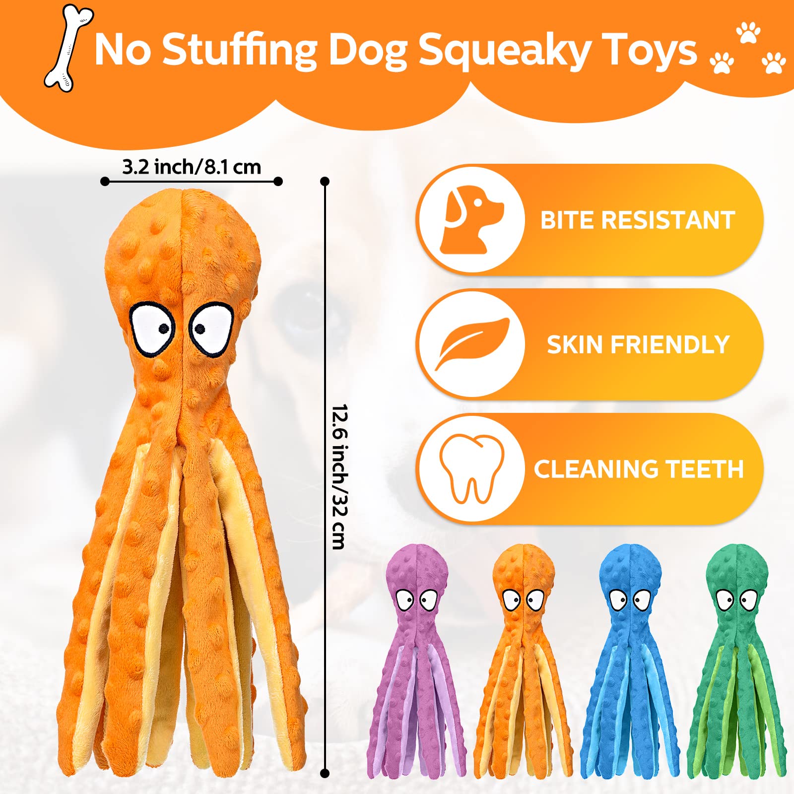Vinsot 6 Pack Dog Squeaky Toys Octopus No Stuffing Crinkle Plush Dog Toys Durable Interactive Cute Chew For Puppy (Colorful)