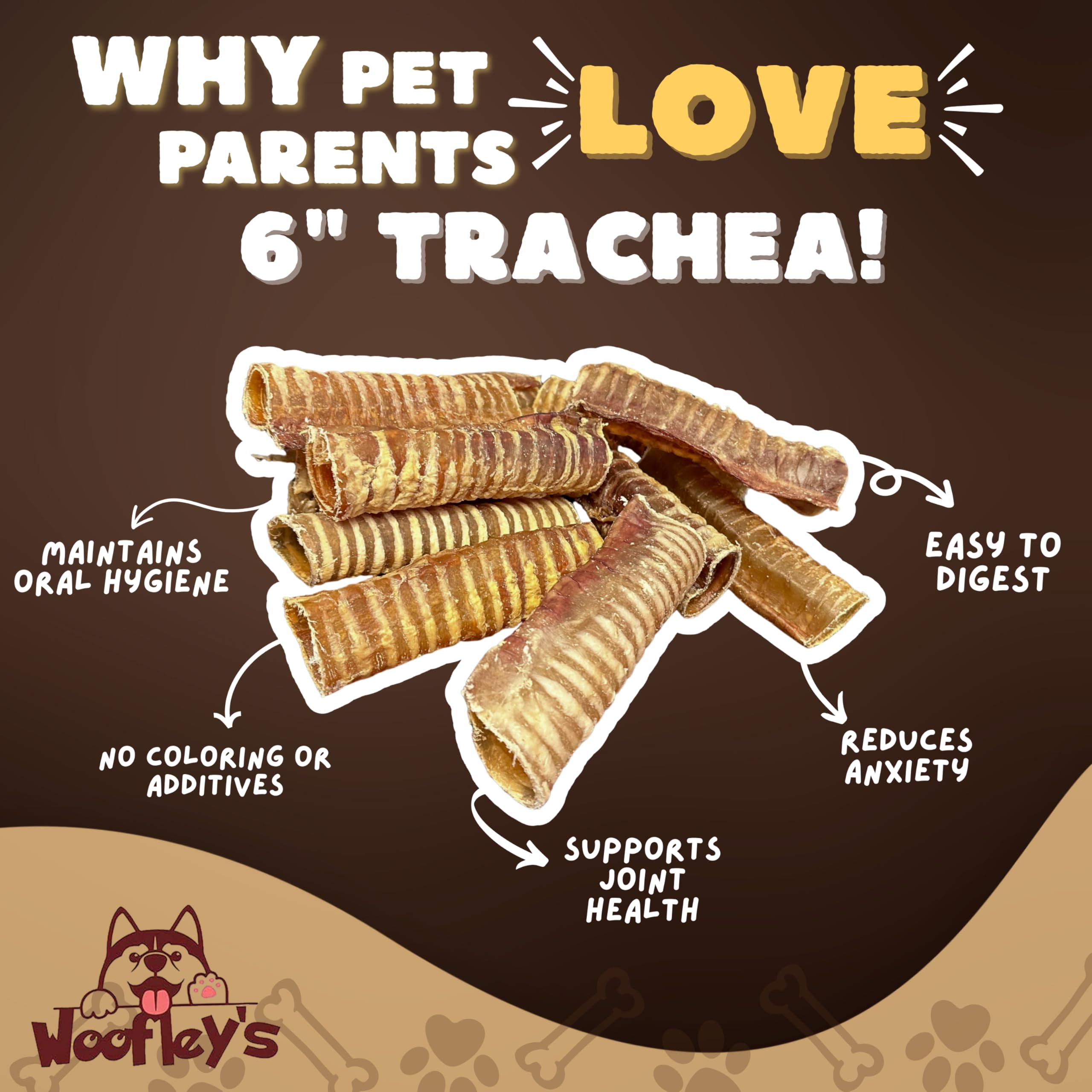 Woofleys Beef Trachea - (6 Inch 20 Pack) - Trachea Treats for Dogs - Natural Source of Glucosamine and Chondrotin for Joint Hea