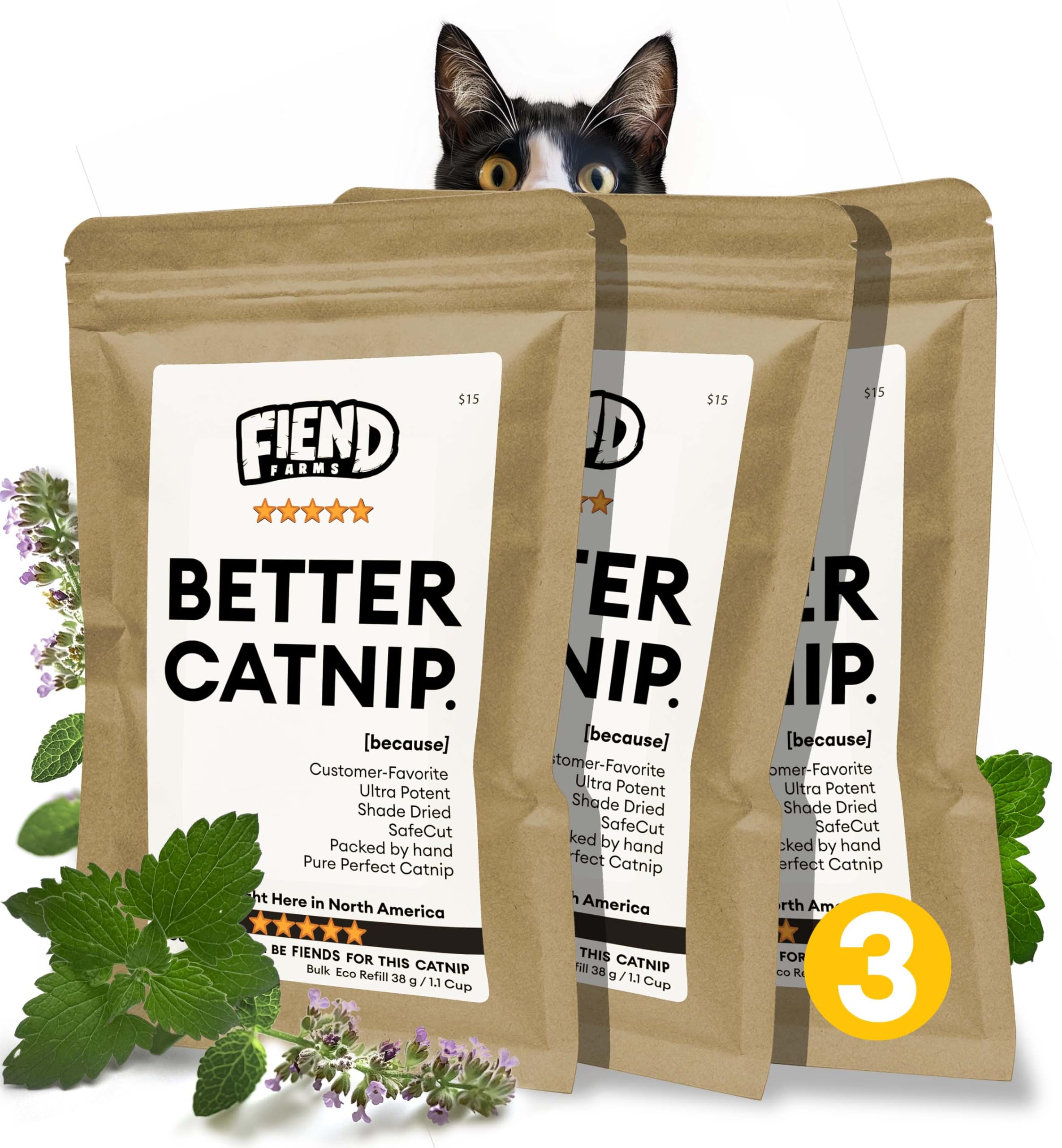 Fiend Three (3 Count) Catnip Safety-Cut 100% Pure Potent Fine Cat Nip for Cats & Kittens - Bulk Refill Rescue Pack 1? Cup (38g) 