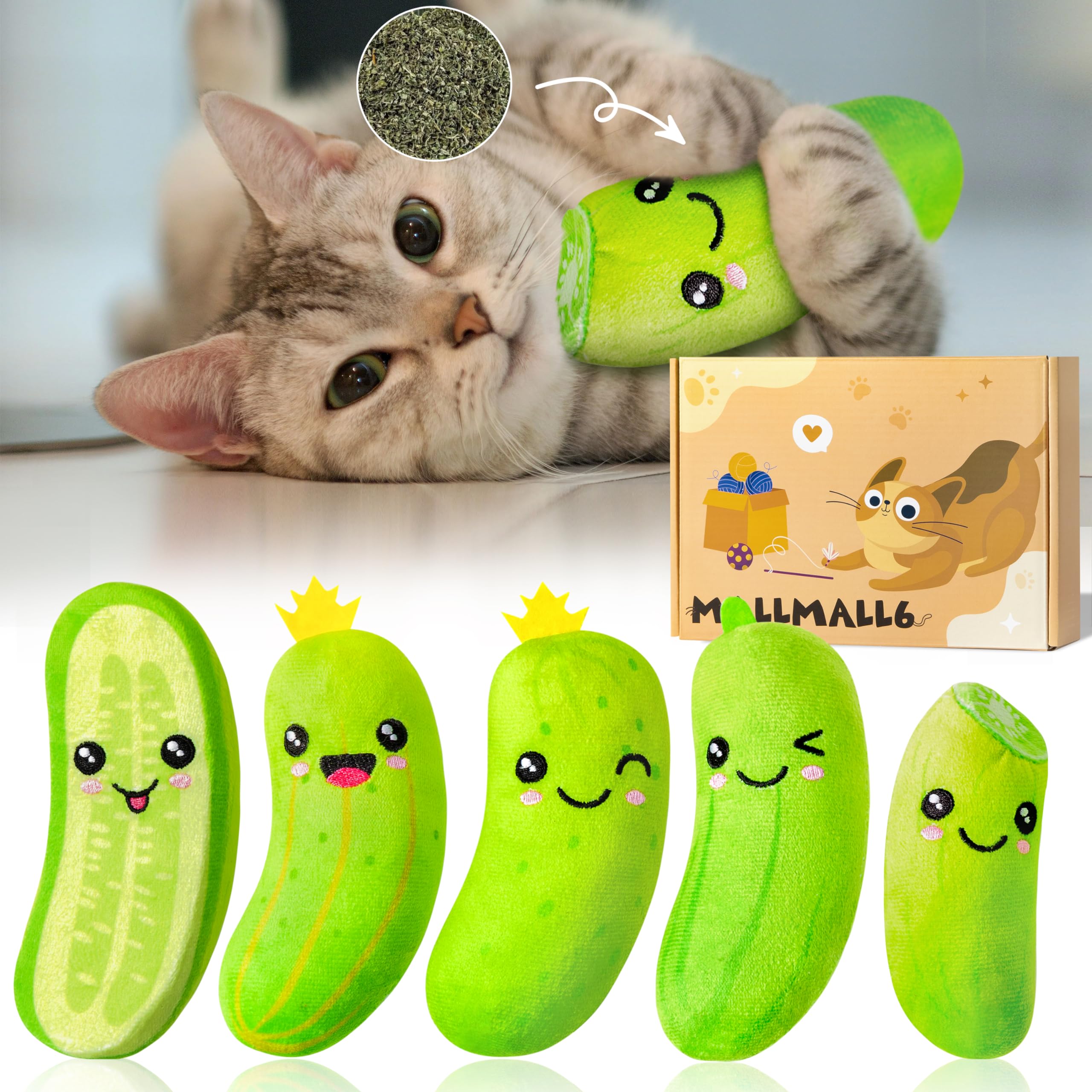 Mallmall6 5Pcs Pickle Cat Toys, Kitten Catnip Toys For Cat Lover Gifts, Indoor Kitten Chew Bite Kick Cucumber Catmint Supplies, 