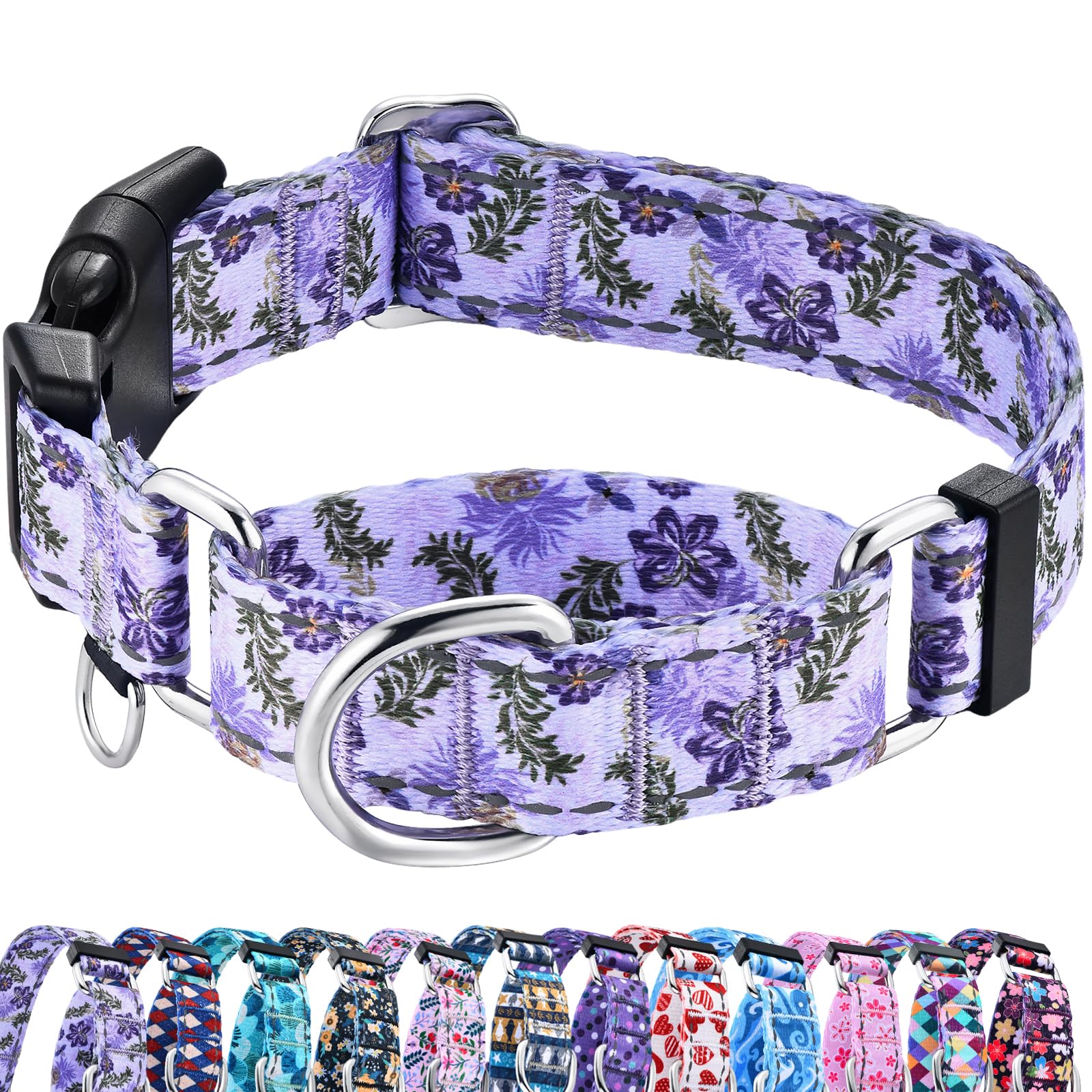Fidohug Reflective Martingale Collar For Dogs With Quick Release Buckle Cute Girl Female Flower Dog Collars (Lavender Floral, La