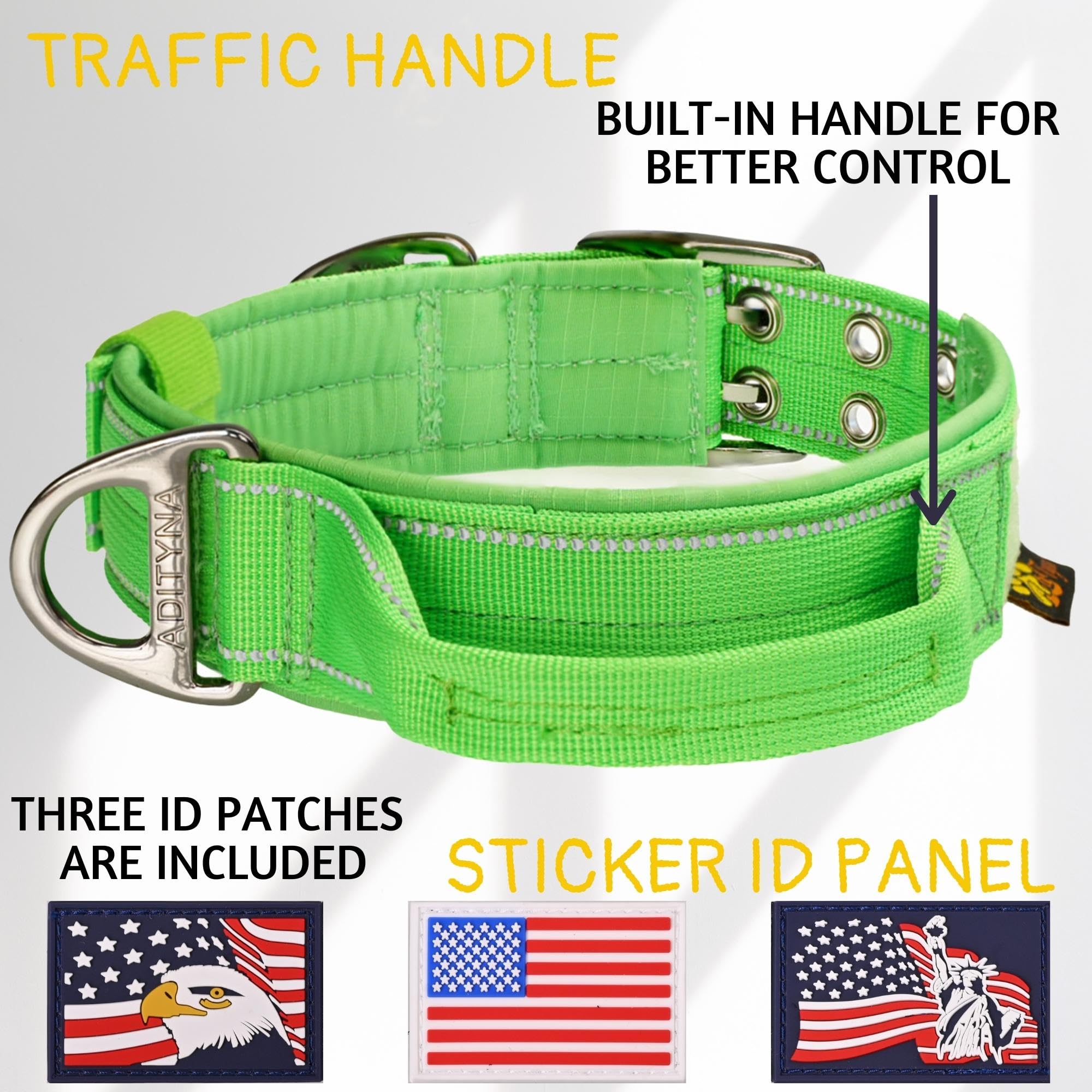 Adityna Heavy Duty Dog Collar For Extra-Large Dogs - Reflective Green Collar With Handle For Training, And Walking - Wide, Thick