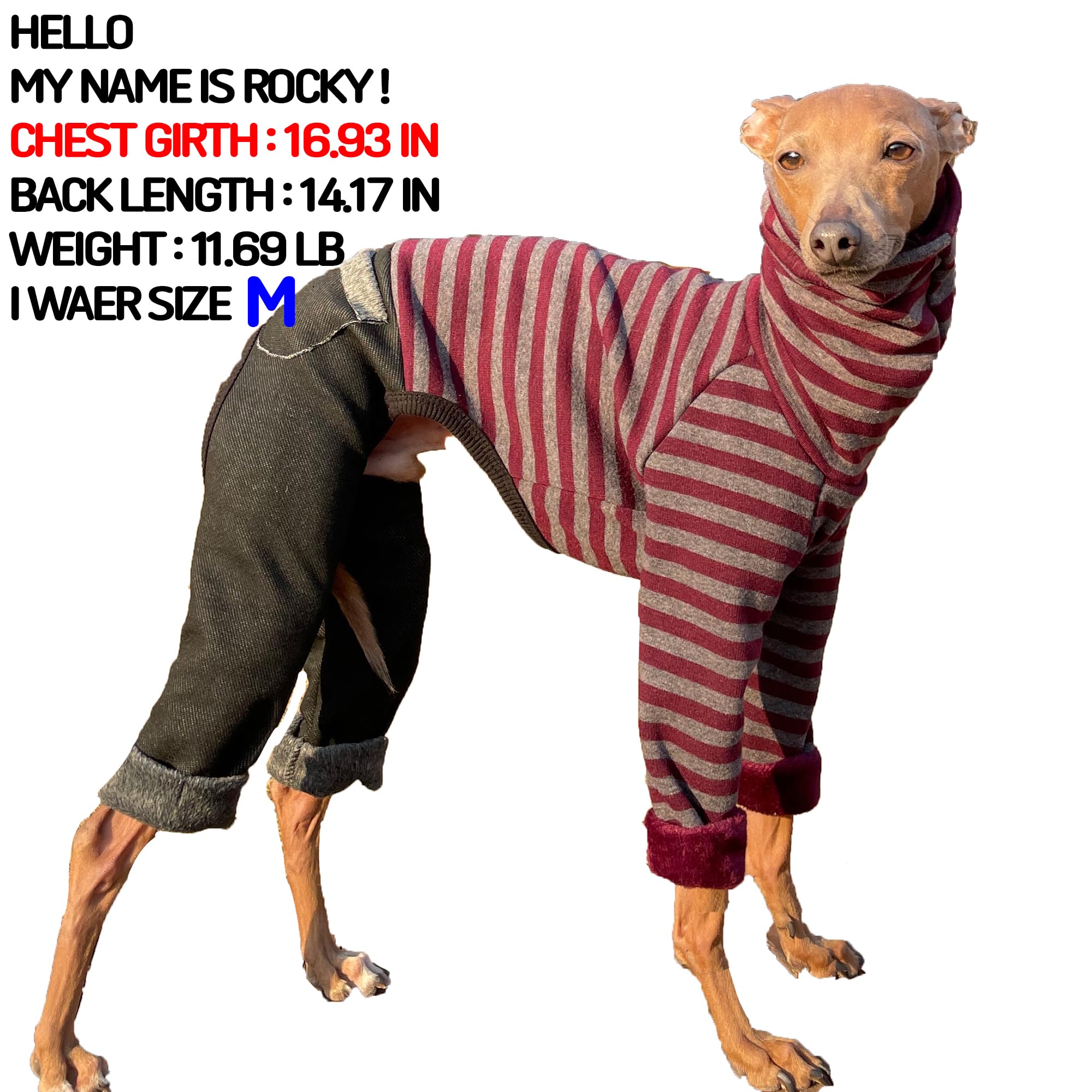 D Doggy Star Italian Greyhound Clothes Stripe Fleece Stretchable Denim Onesie Whippet For Dog Turtleneck Outfits Coat (M,Denim B