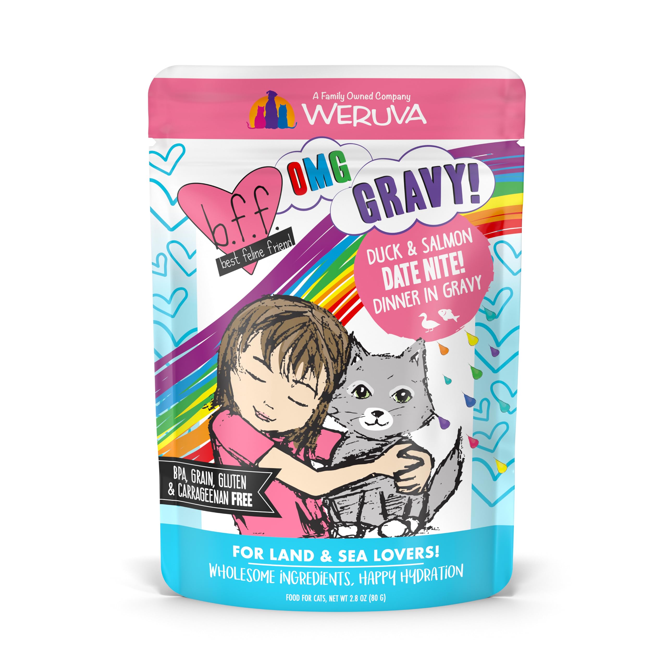 Weruva B.F.F. OMG - Best Feline Friend Oh My Gravy!, Date Nite! with Duck & Salmon in Gravy Cat Food, 2.8oz Pouch (Pack of 12)
