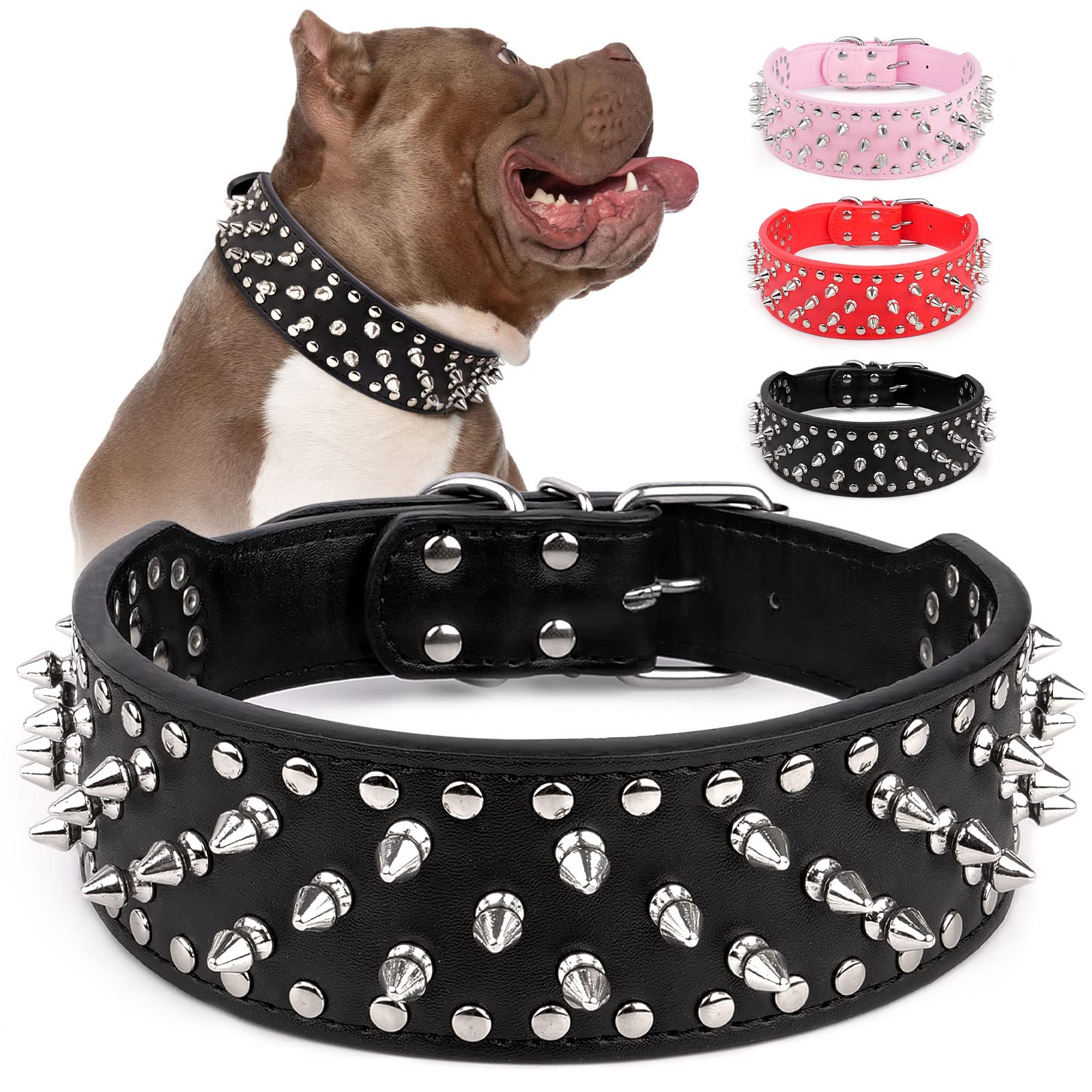 Epesiri Adjustable Wide Spiked Dog Collar, Mushroom Rivet Pu Leather Cat Dog Collars, Durable Spike Studded Pet Collar For Small Medium Large Breed, Pitbull Mastiff Bulldog Pugs Husky Rottweiler Black