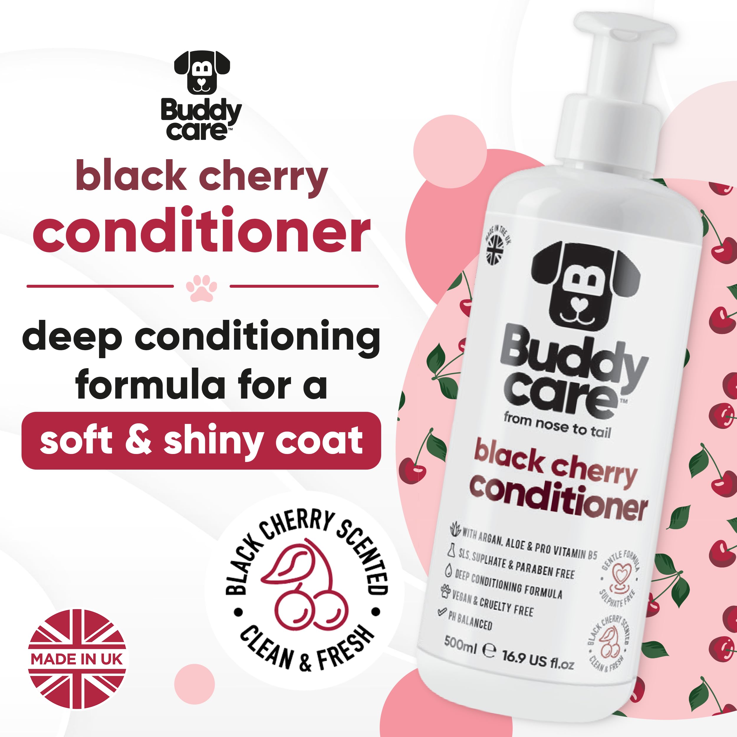 Buddycare Black Cherry Dog Conditioner (16.90oz) Made with Aloe Vera, Argan Oil & Pro Vitamin B5 | Detangle Matted Coats & Relie