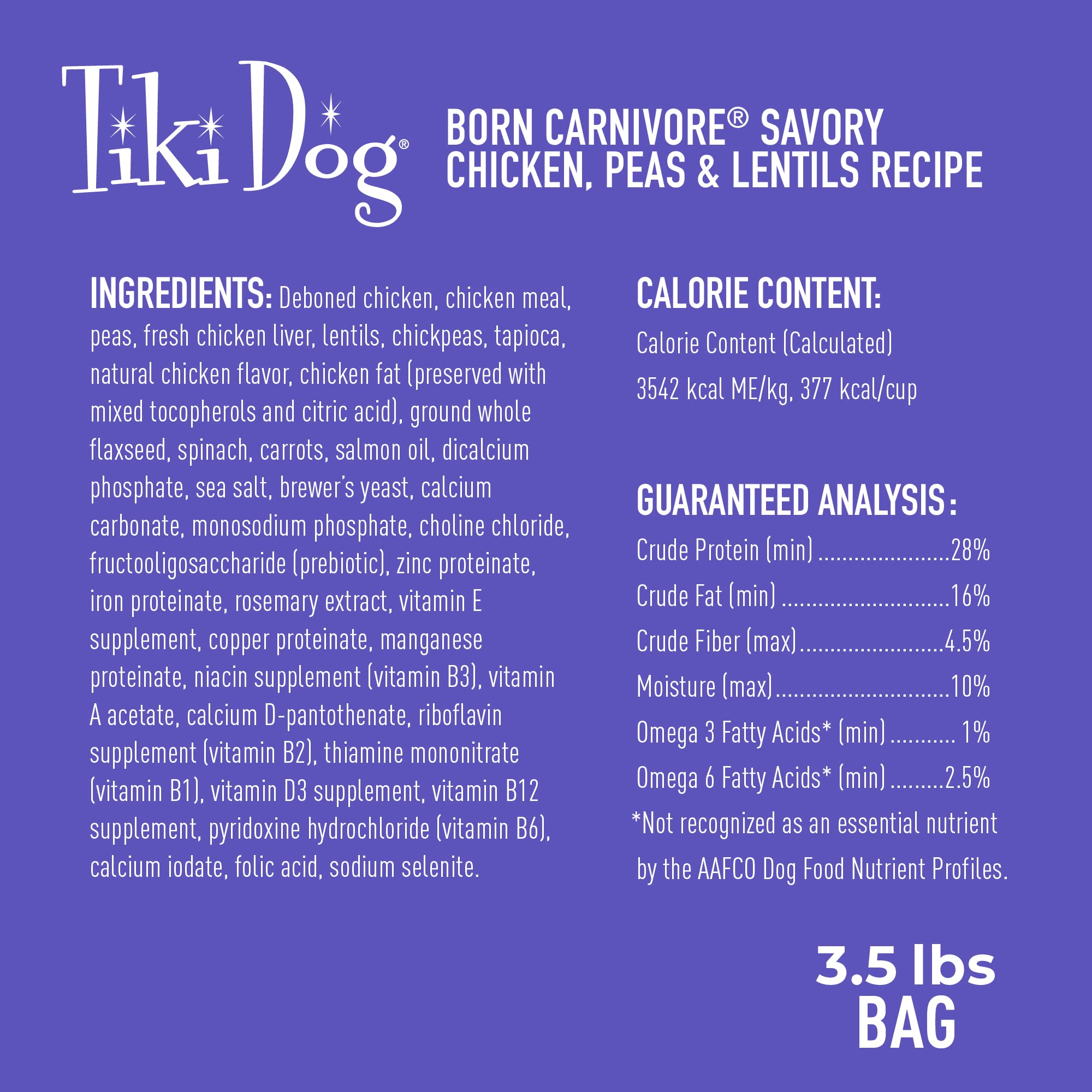 Tiki Dog Born Carnivore for Dogs, Savory Chicken, Peas & Lentils Recipe, Grain Free Baked Kibble for Maximum Nutrition, For Adul