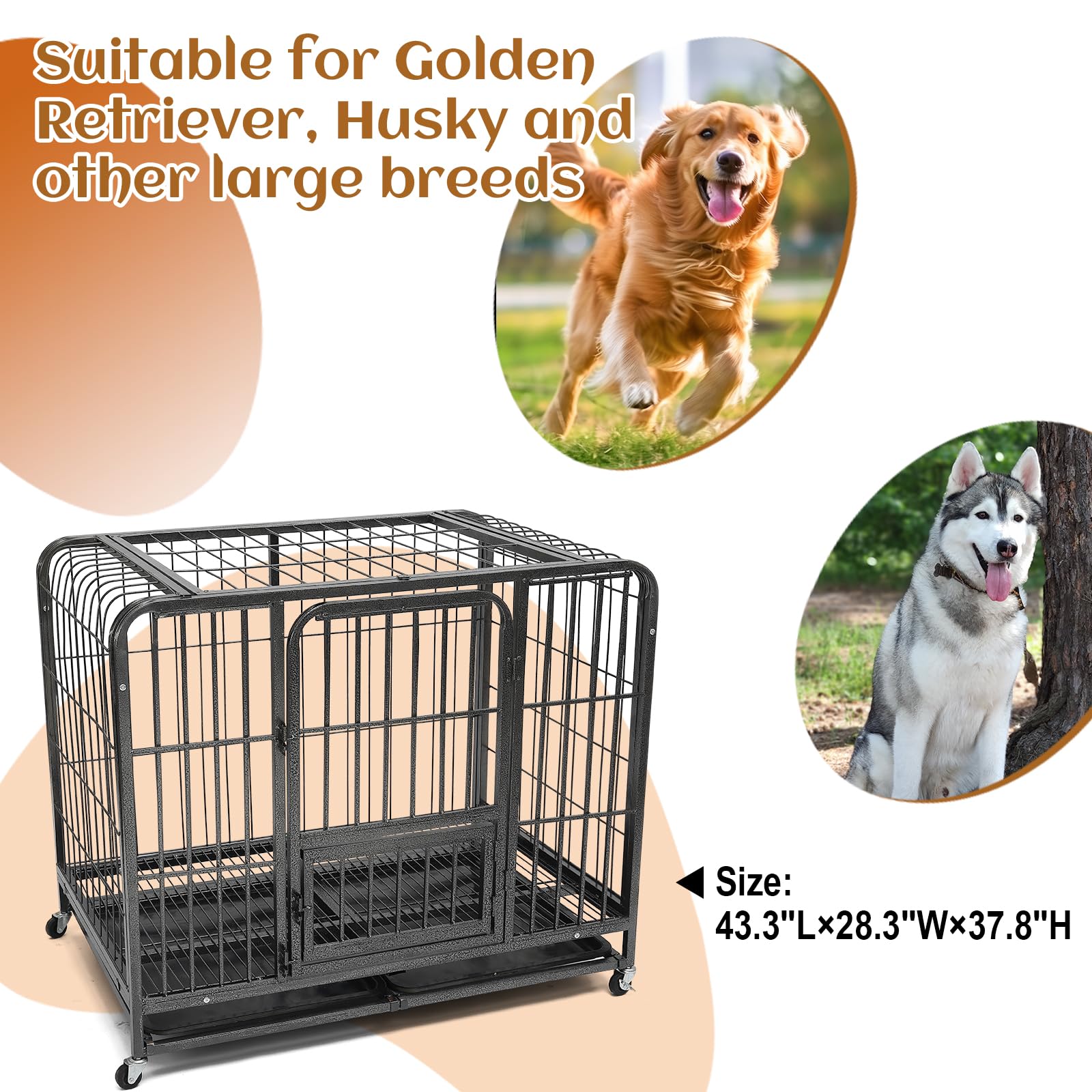 43.3Inch Indestructible Metal Dog Crates For Large Dogs, Heavy Duty Escape Proof Dog Kennel Indoor Extra Large Dog Crate With Lo