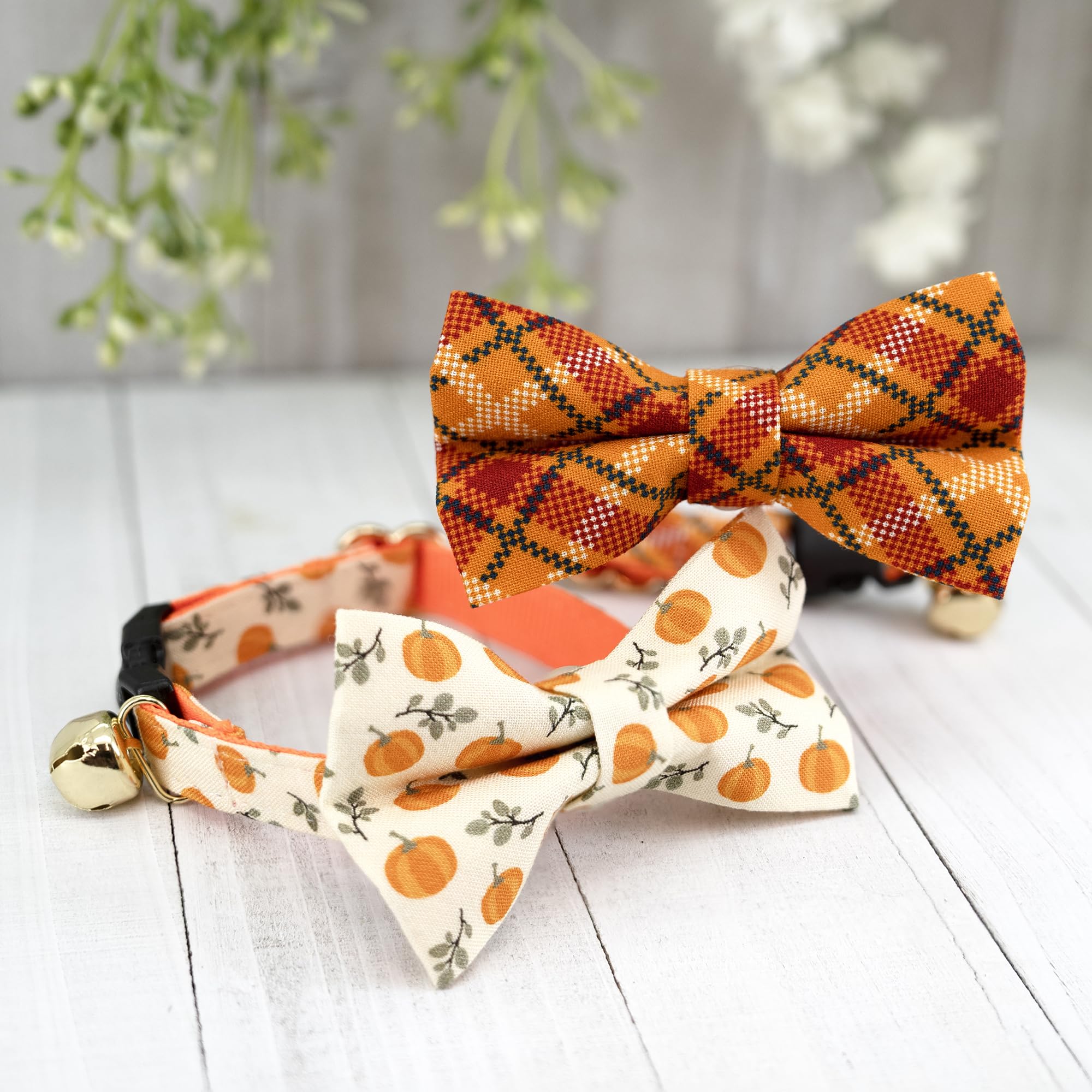 Ultra Joys Breakaway Cat Collar With Bells - Boy & Girl Kitten Collars With Bandana And Bowtie - Orange Plaid Small