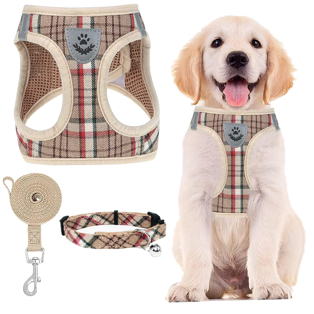 Pupteck Adjustable Dog Harness Collar And Leash Set Step In No Pull Pet Harness For Small Medium Dogs Puppy And Cats Outdoor Walking Running, Soft Mesh Padded Reflective Vest Harnesses, Khaki M
