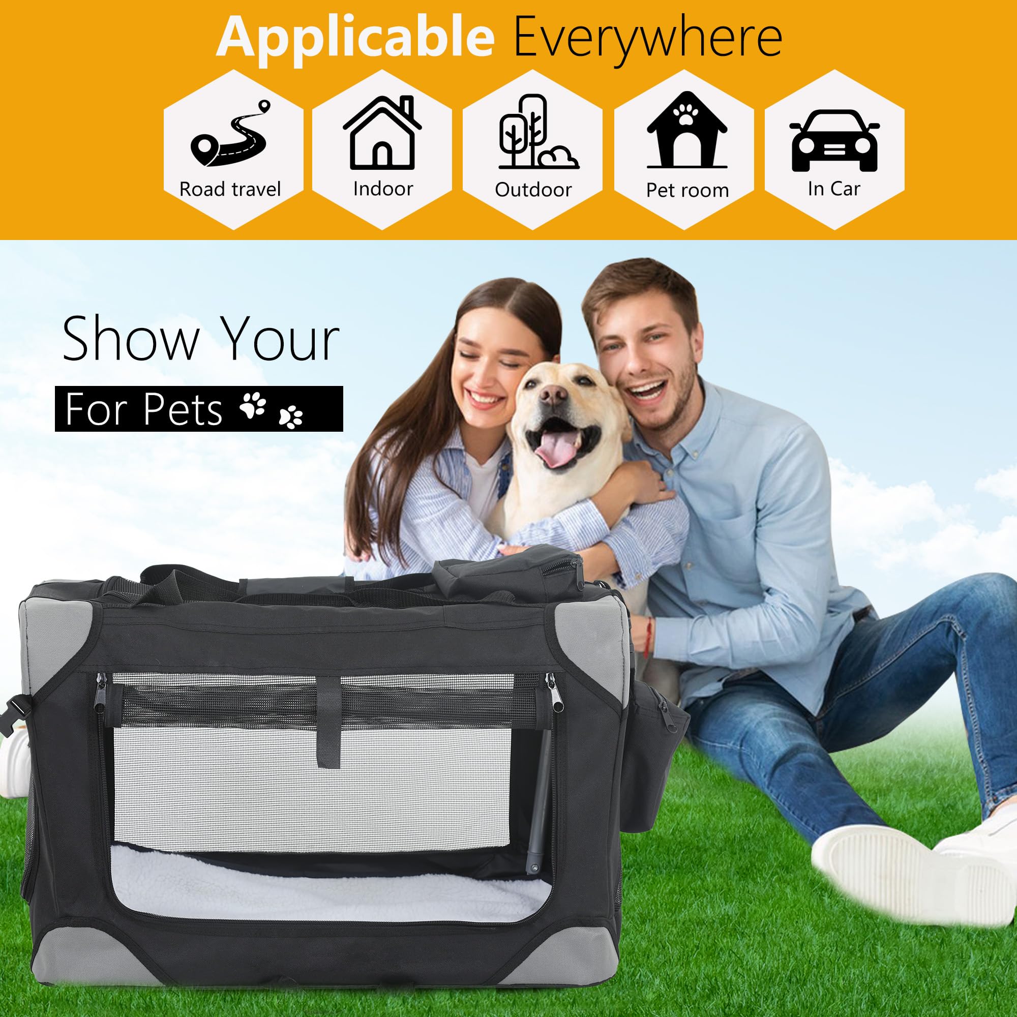 Bestpet 42 Inch Collapsible Dog Crate For Large Dogs, 3-Door Portable Folding Soft Dog Crate Dog Kennel Lightweight Foldable Tra