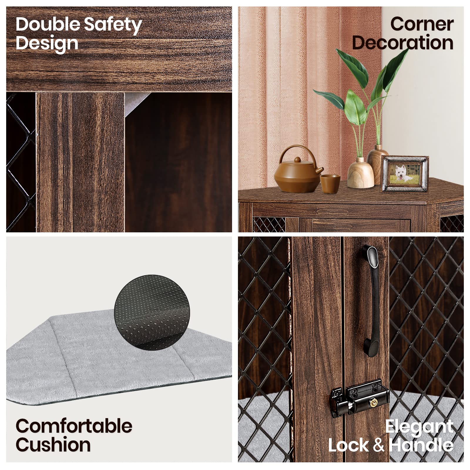 Polar Aurora Corner Dog Crate, Wood Dog Kennel Furniture 44 Dog Cage End Table with Cushion for Indoor use,Wood Pet House Dog