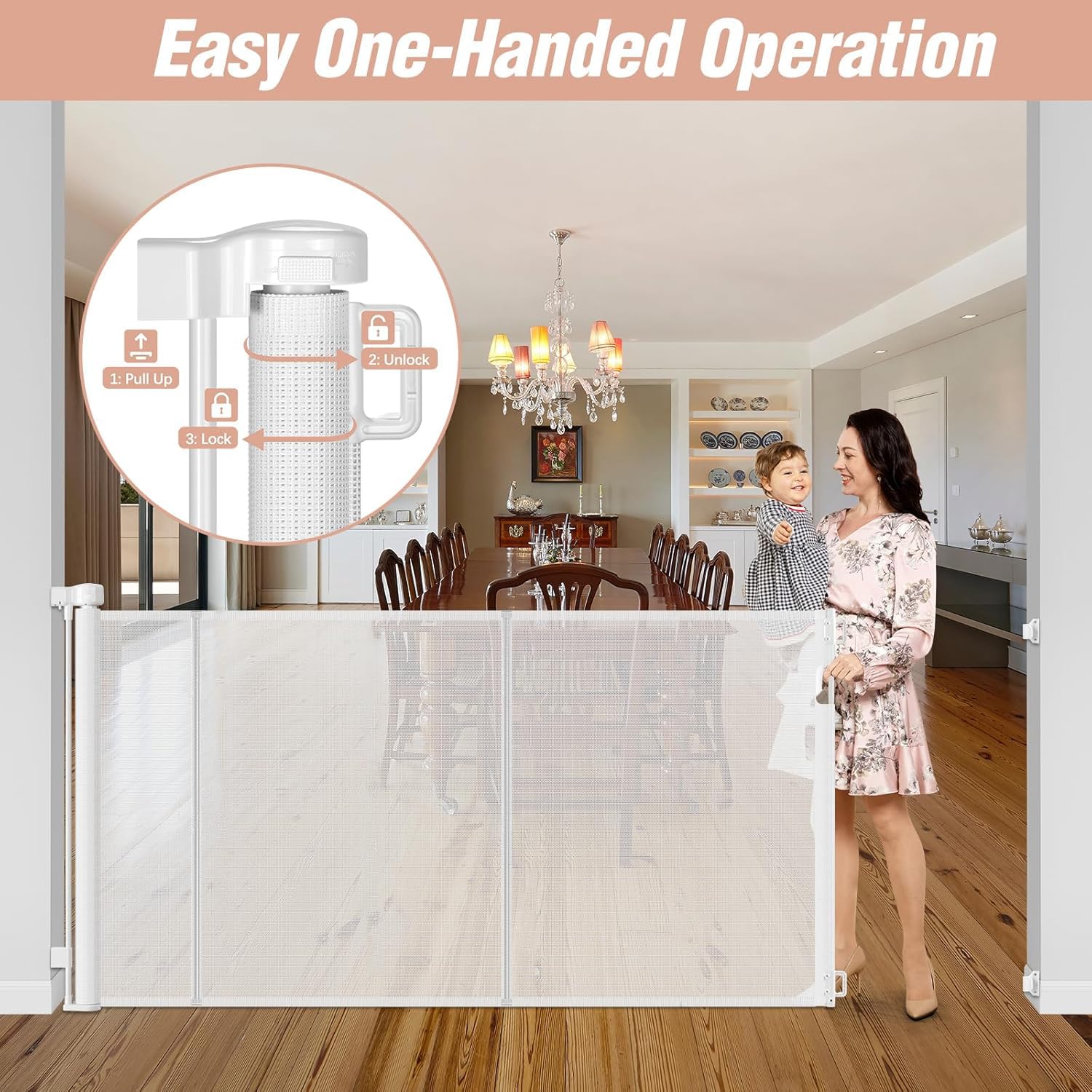 Stcockis Retractable Baby Gate - 42" Tall x 75" Wide, White, Extra Tall with Support Rods, Indoor/Outdoor Dog Gate