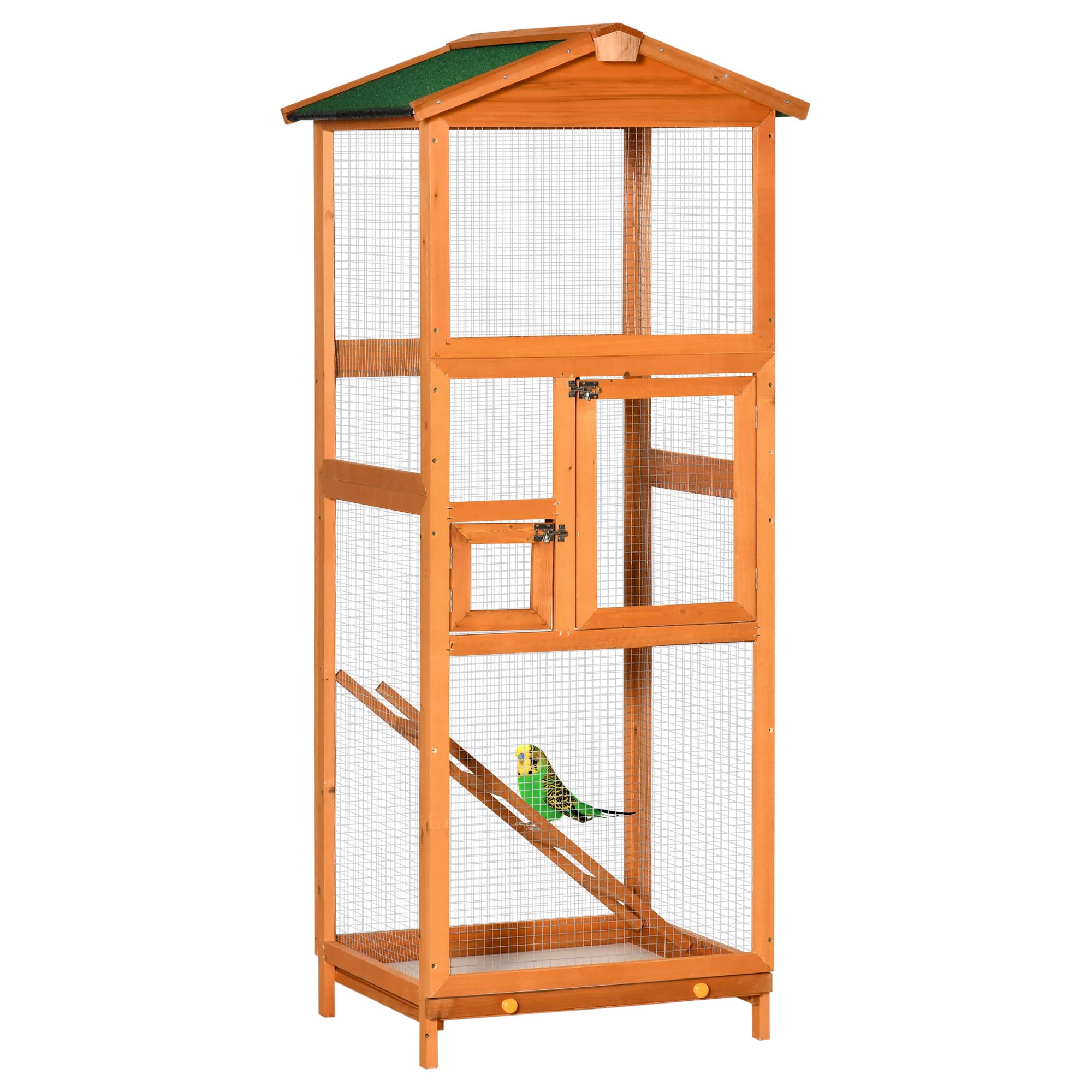 Pawhut 65'' Wooden Bird Cage Outdoor Aviary House For Parrot, Parakeet, With Pull Out Tray And 2 Doors, Natural