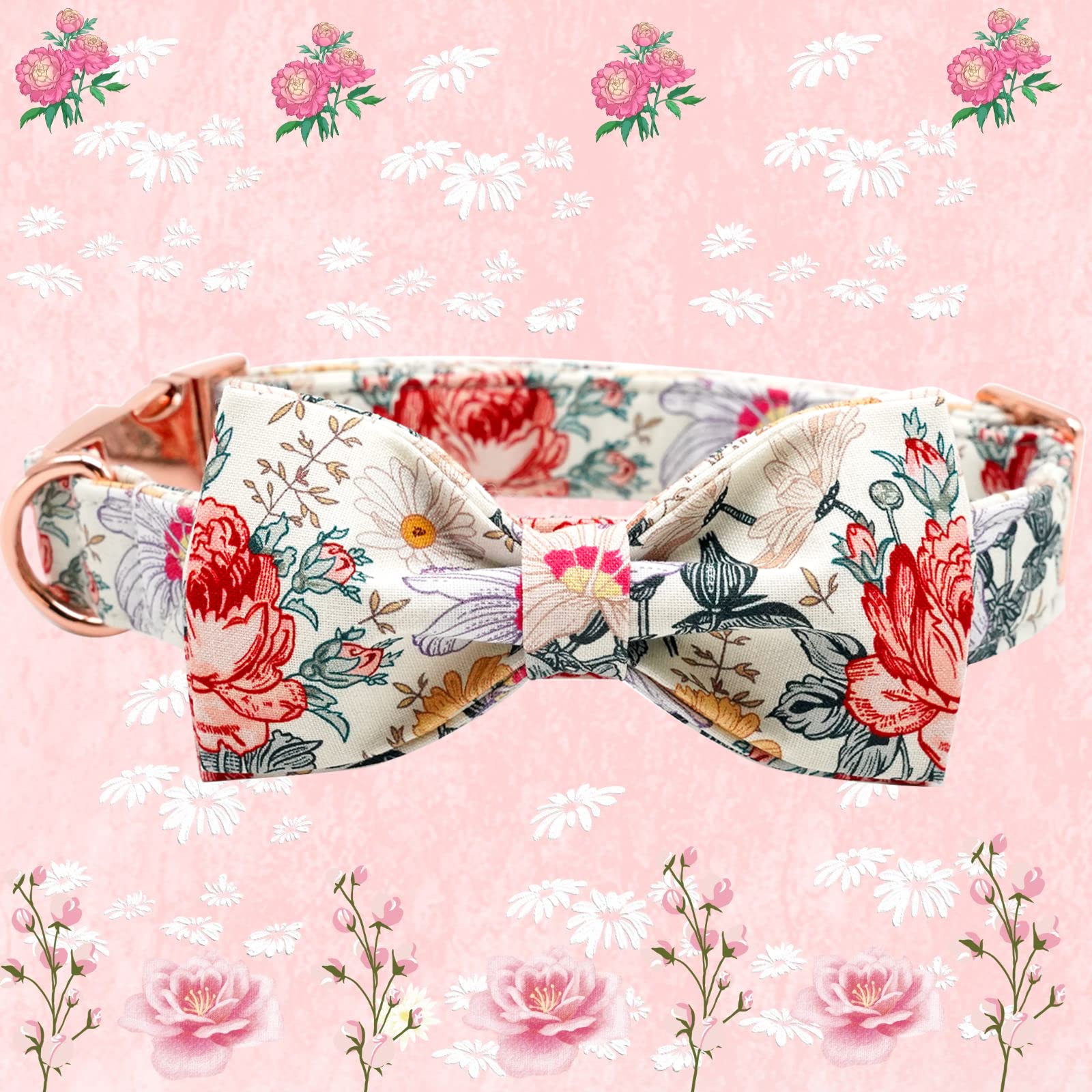Elegant Little Tail Vintage Floral Dog Collar With Bow, Comfotable Dog Bowtie, Dog Collar Bow Adjustable Dog Collars For Small M