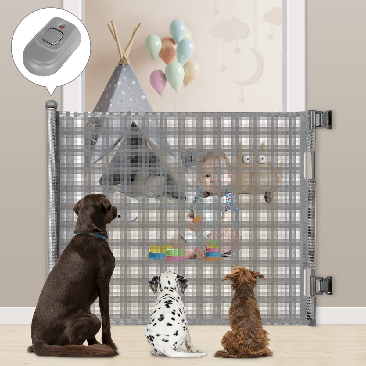 Retractable Baby Gate, Extra Wide Safety Kids Or Pets Gate, 33” Tall, Extends To 55” Wide, Mesh Safety Dog Gate For Stairs, Indoor, Outdoor, Doorways, Hallways, Easy To Wipe(Grey)