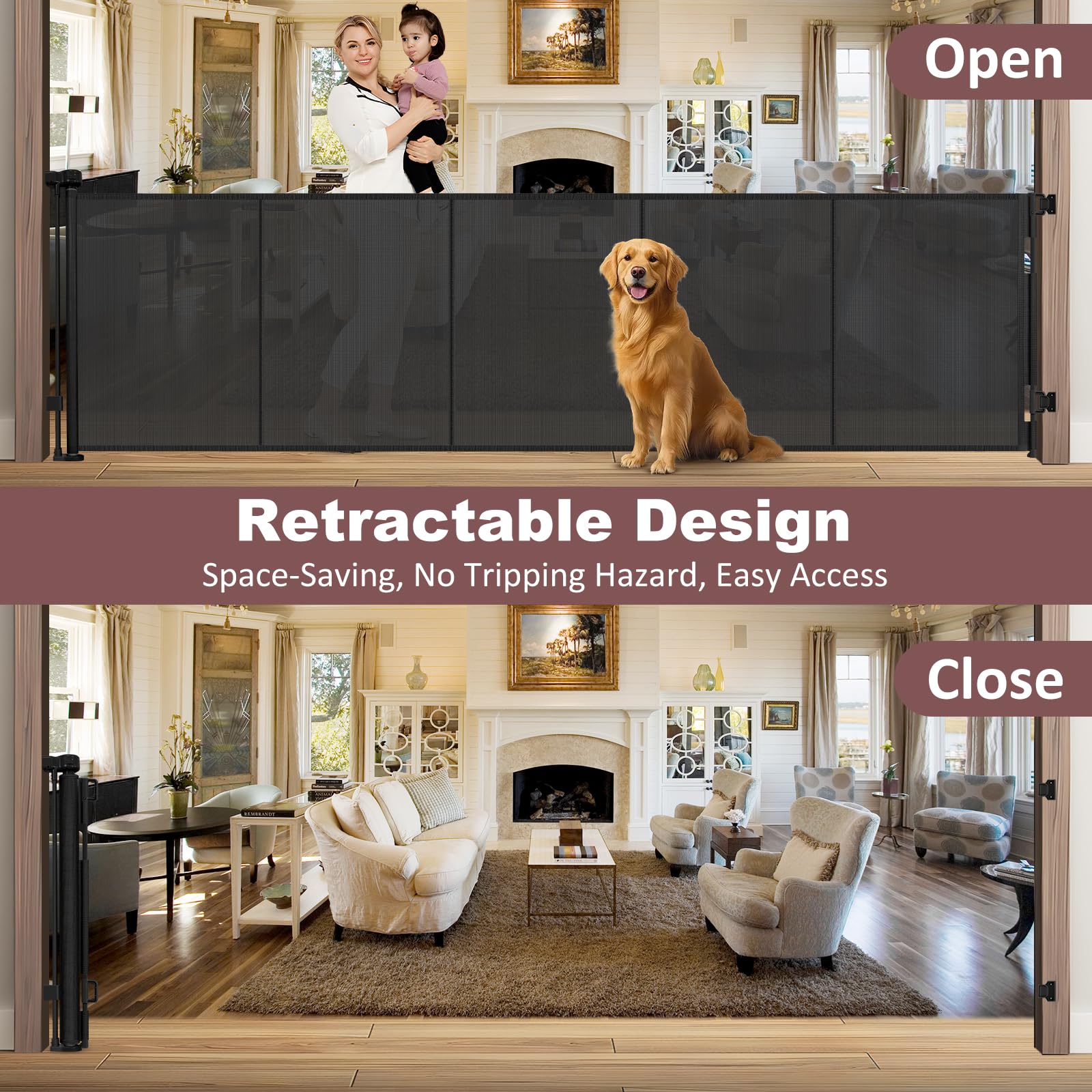 GRENFU Retractable Baby Gate - 41" Tall x 120" Wide, Black, for Large Openings, Indoor/Outdoor Use, Model TH-A135