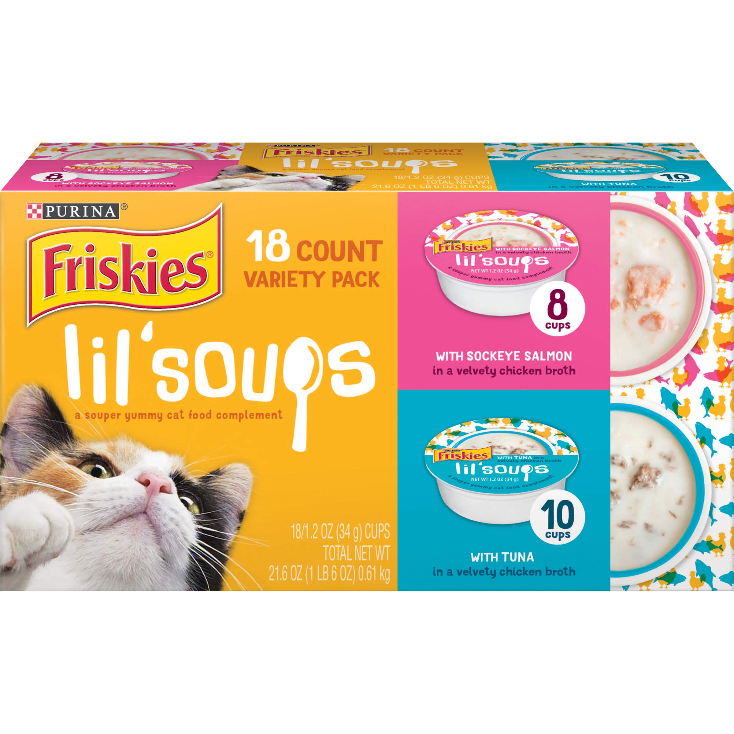 Purina Friskies Grain Free Wet Cat Food Complement Variety Pack, Lil Soups With Sockeye Salmon & Tuna in Broth - (18) 1.2 oz. C