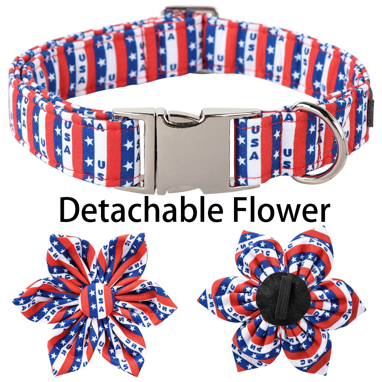 Aring Pet American Flag Dog Collar-Cute Summer Usa Dog Collar With Flower, Adjustable 5Th Of July Dog Collars With Metal Buckle